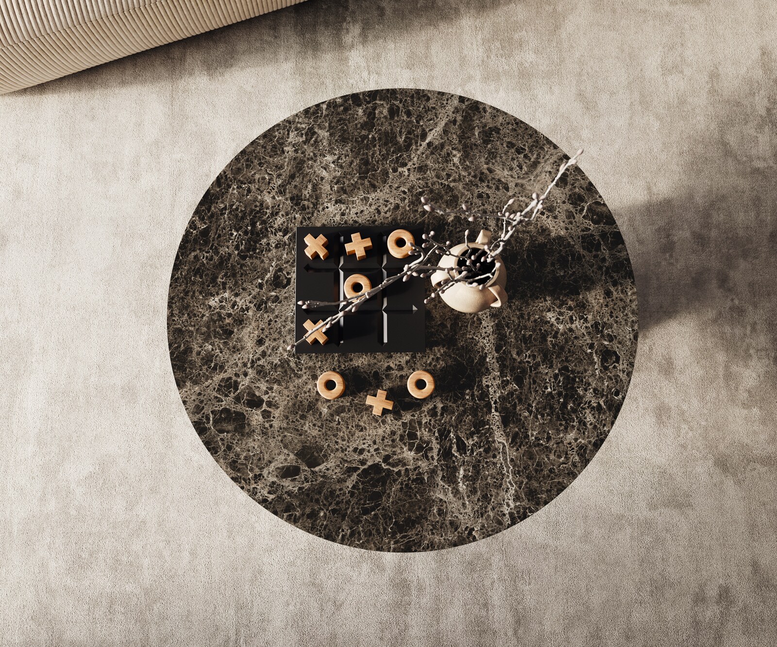 Salontafel Edge rond 90x90 cm keramiek Laminam® Emperador Extra Lucidato donkerbruin Parabi zwart metaal 2