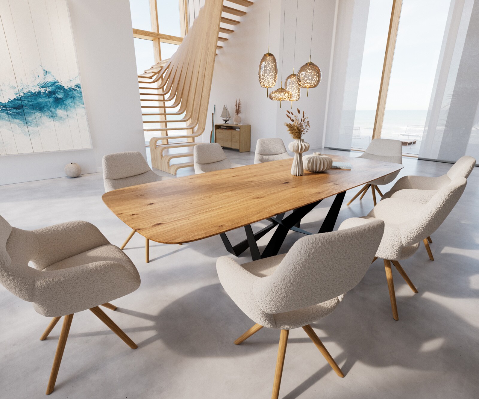 Eettafel Edge Boot 300x120x2,5-3 eiken natuur Spider staal  zwart  Schweizer Kante 6