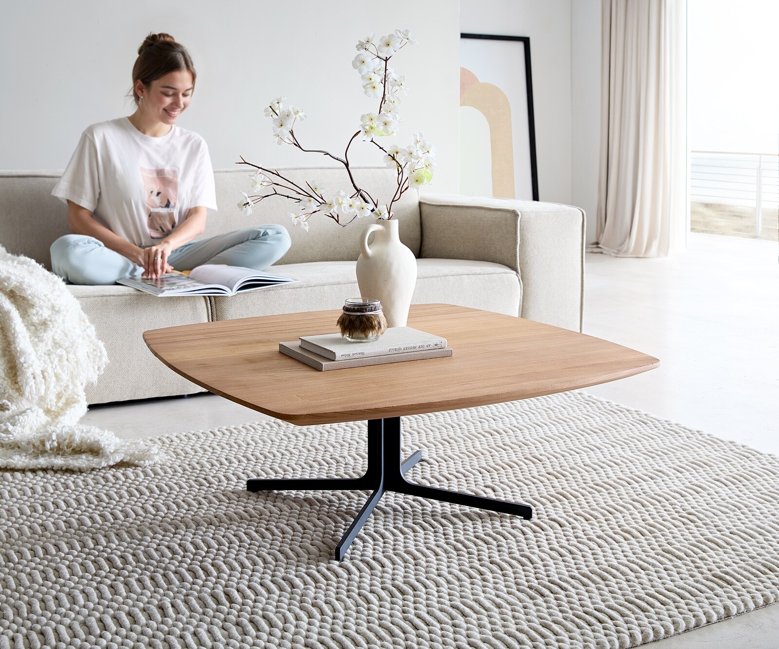 Salontafel Talita 90x90 cm iep natuur metaal effect afwerking titanium