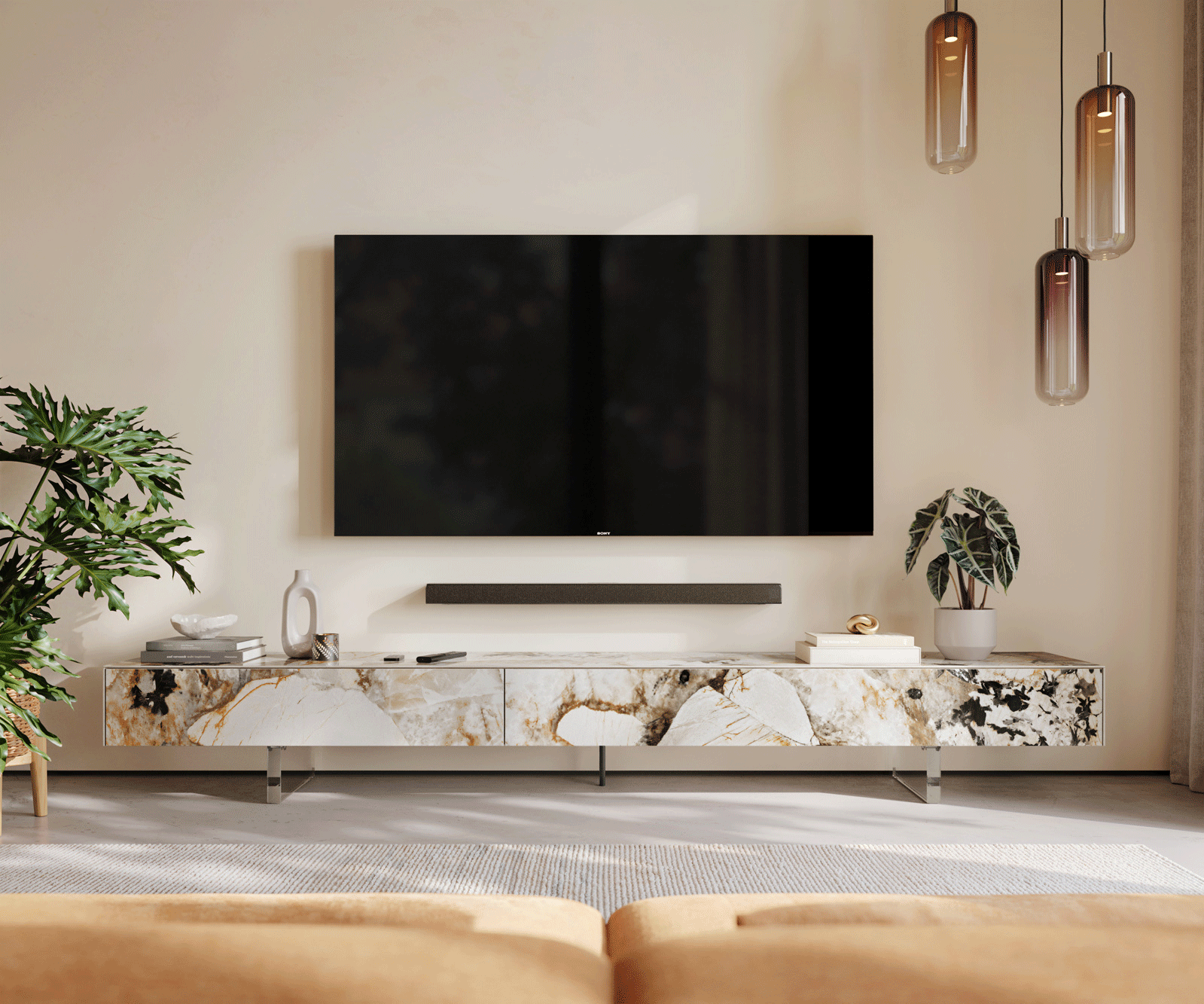 Tv-meubel Cuor 250 cm Keramiek Patagonia gepolijst 1 Flap 1 Laden Zwevende voet look Acrylglas 2