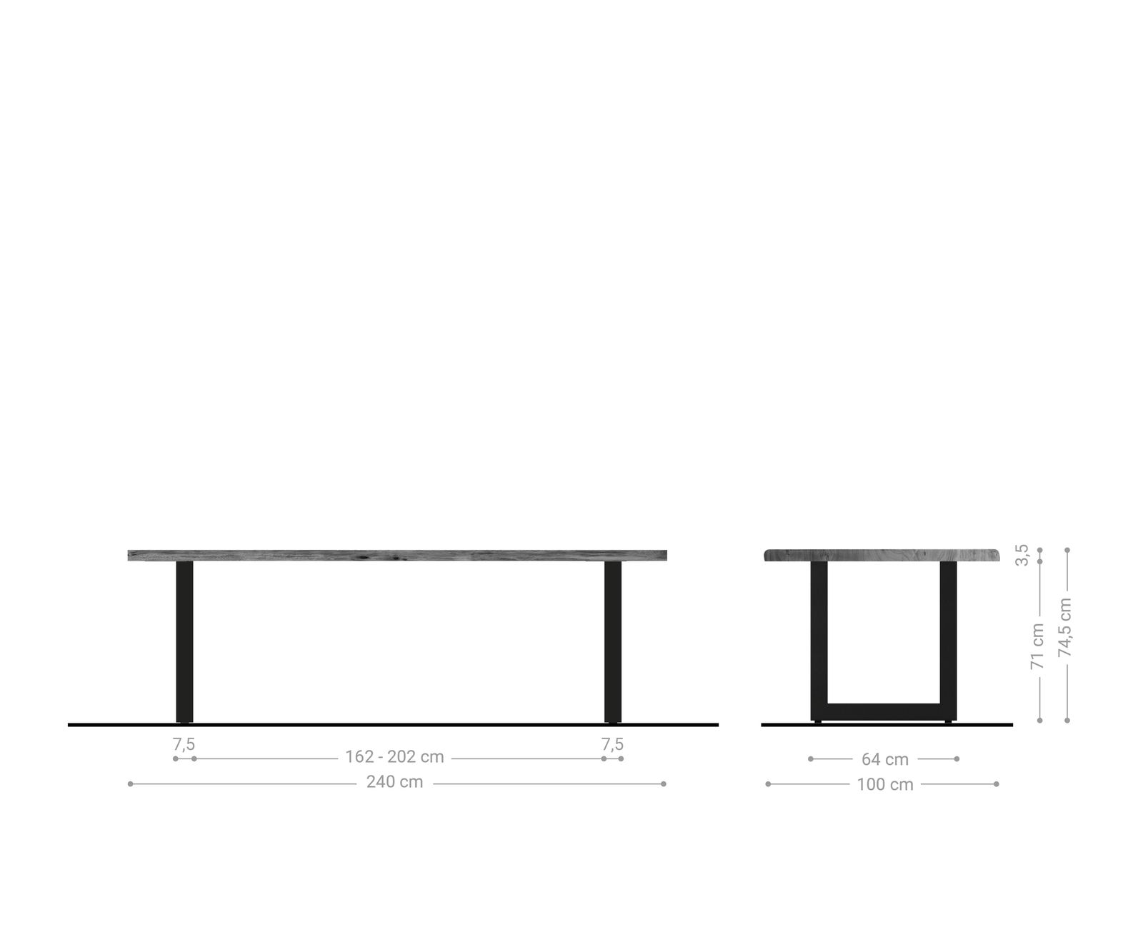 Eettafel Edge 240x100cm acacia natuur roestvrijstaal breed Live-Edge 6