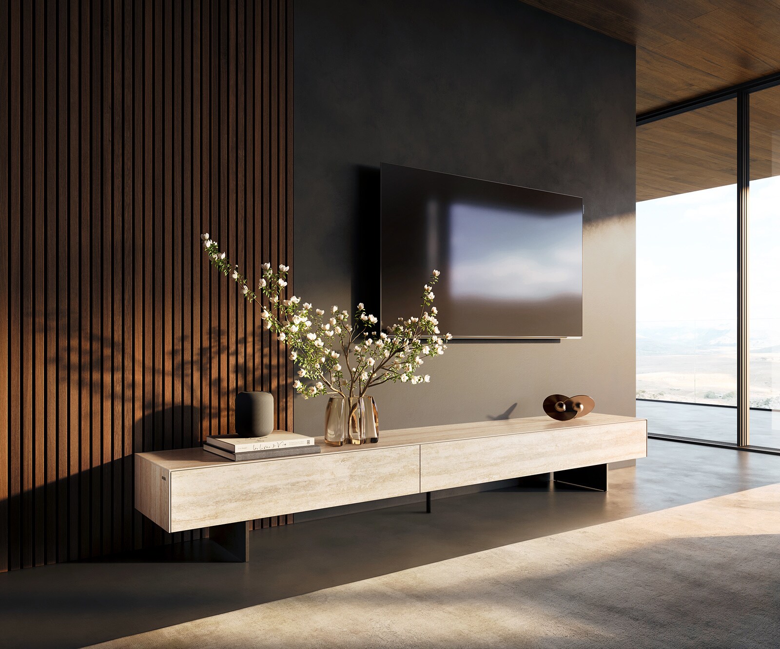 Tv-meubel Cuor 250 cm Keramiek Laminam® Travertino Bianco Crème-wit 1 Flap 1 Lade Zwevende voet look Metaal Zwart 1