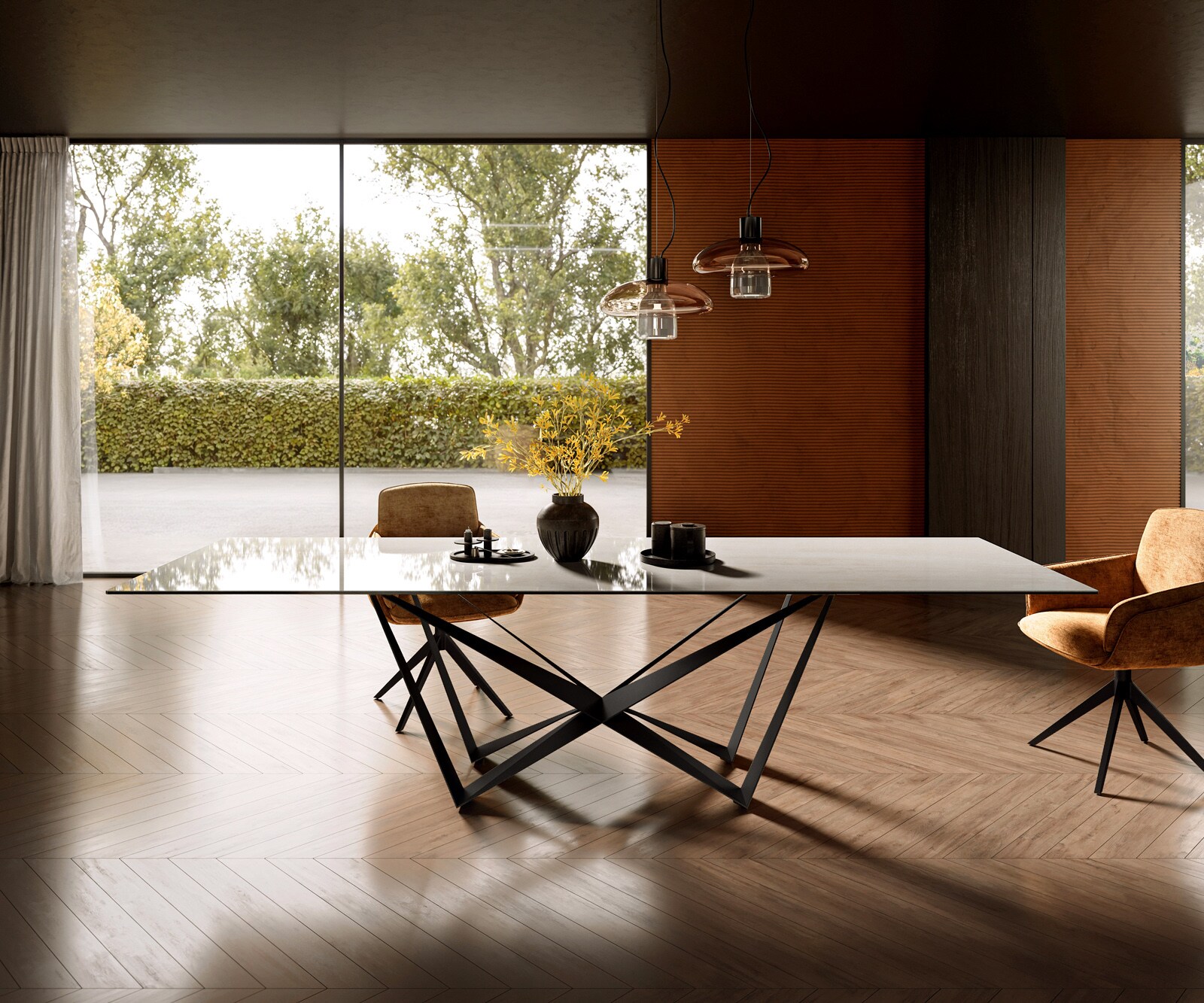 Eettafel Edge 300x100 cm keramiek Onyx Champagne Spider platstaal zwart 1