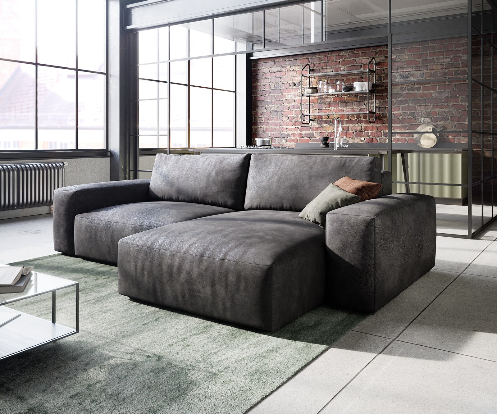 Hoeksofa Lanzo 230x155 cm kunstleer vintage antraciet met variabele recamière