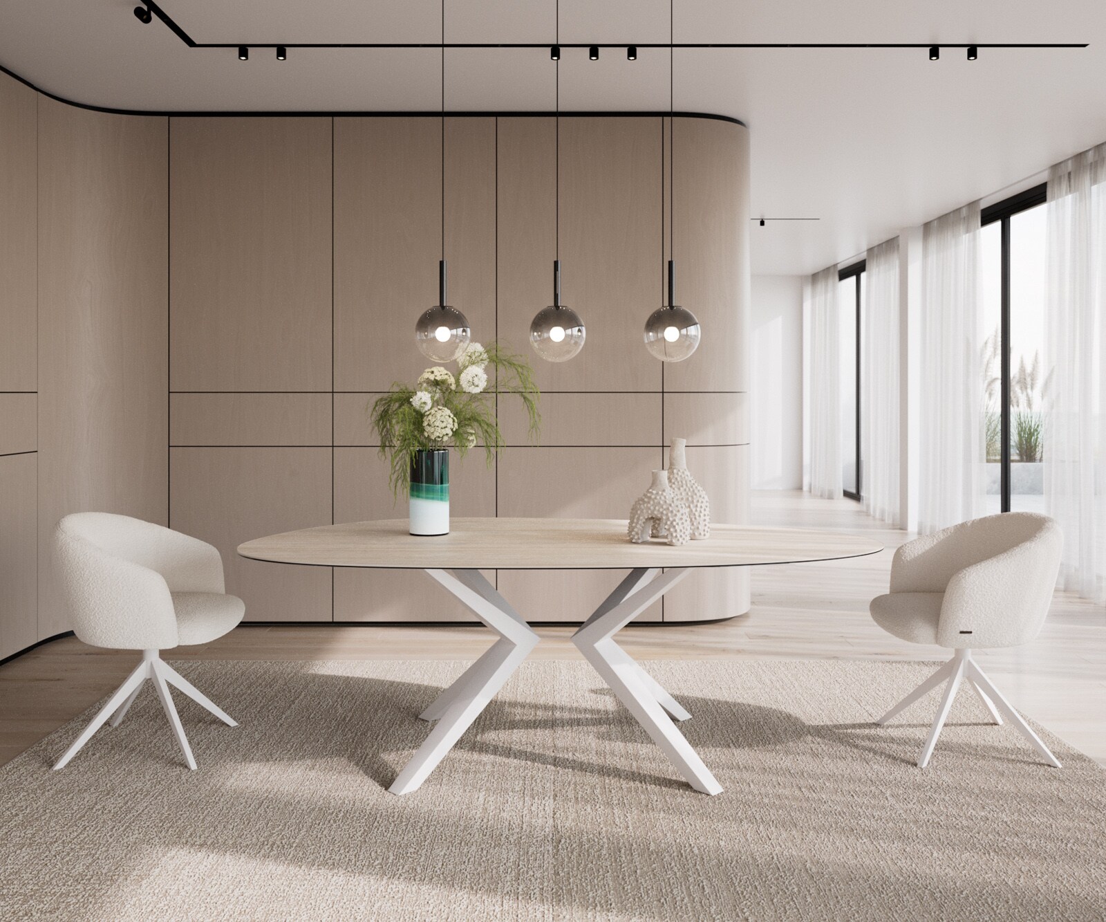 Eetkamertafel Edge ovaal 220x120 keramiek Laminam®Travertino Bianco Creme-wit​ Zenthara hoekig metaal wit 1