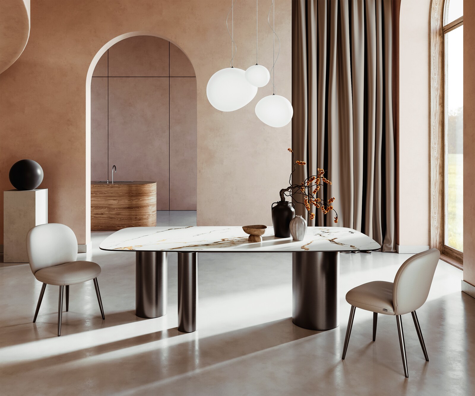 Eetkamertafel Edge Boot 240x120 keramiek Calacatta Luxe wit-Gold-grijs Troa roestvrij staal grafiet