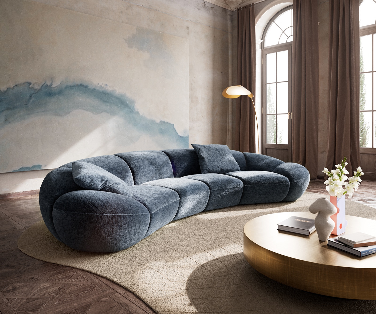 Big-sofa Lunna 360x175 cm chenille blauw 2 kussens