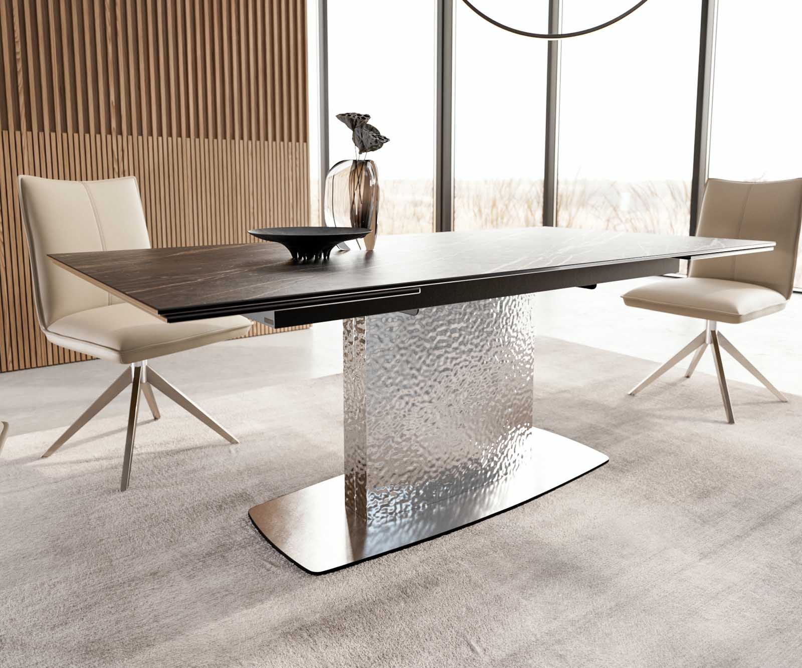 Eetkamertafel Edge 200-300x100 keramiek Laminam®Noir Desir bruin Wave RVS uitschuifbaar 6