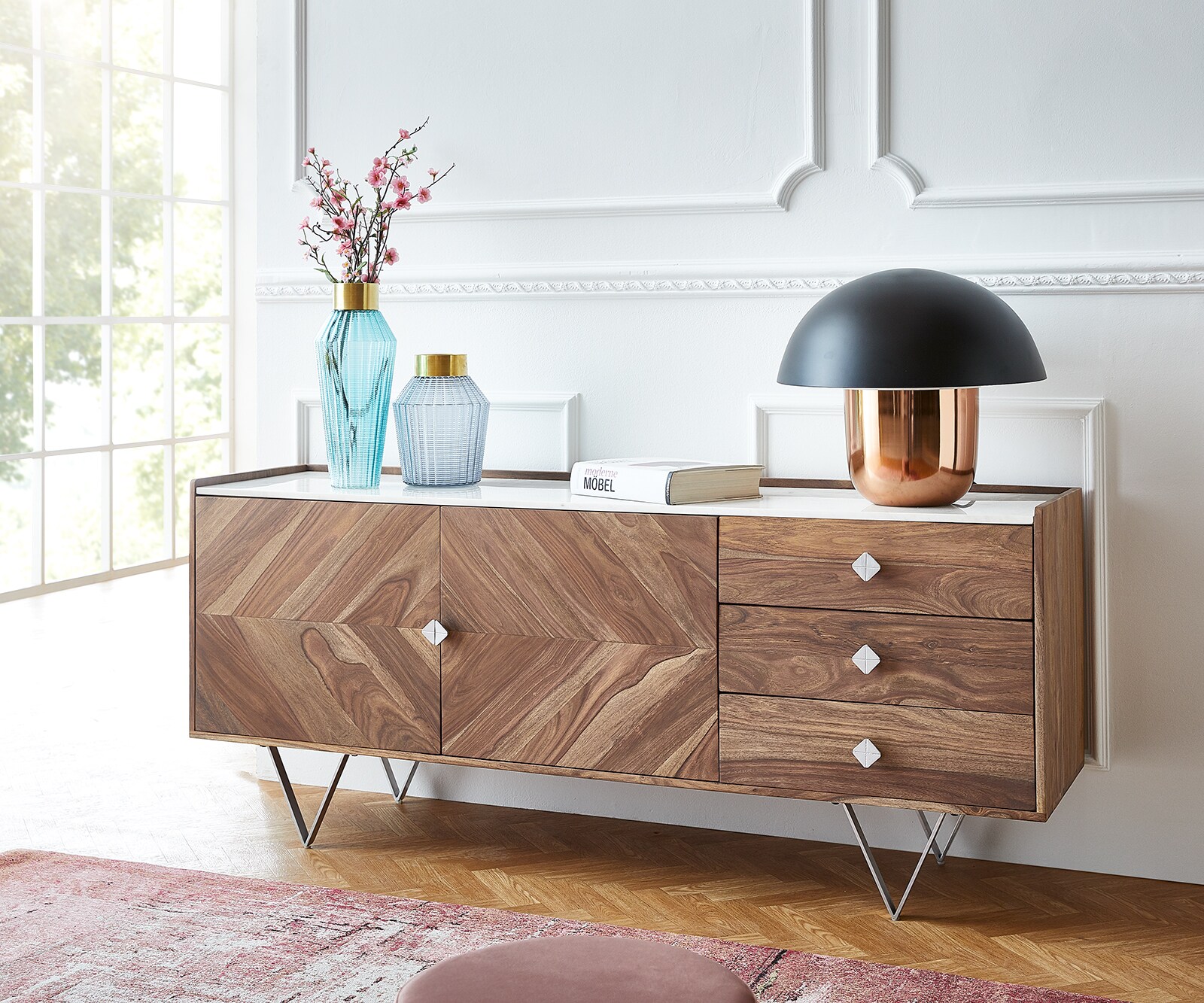 Dressoir Pacino 175 cm sheesham natuur steenplaat wit