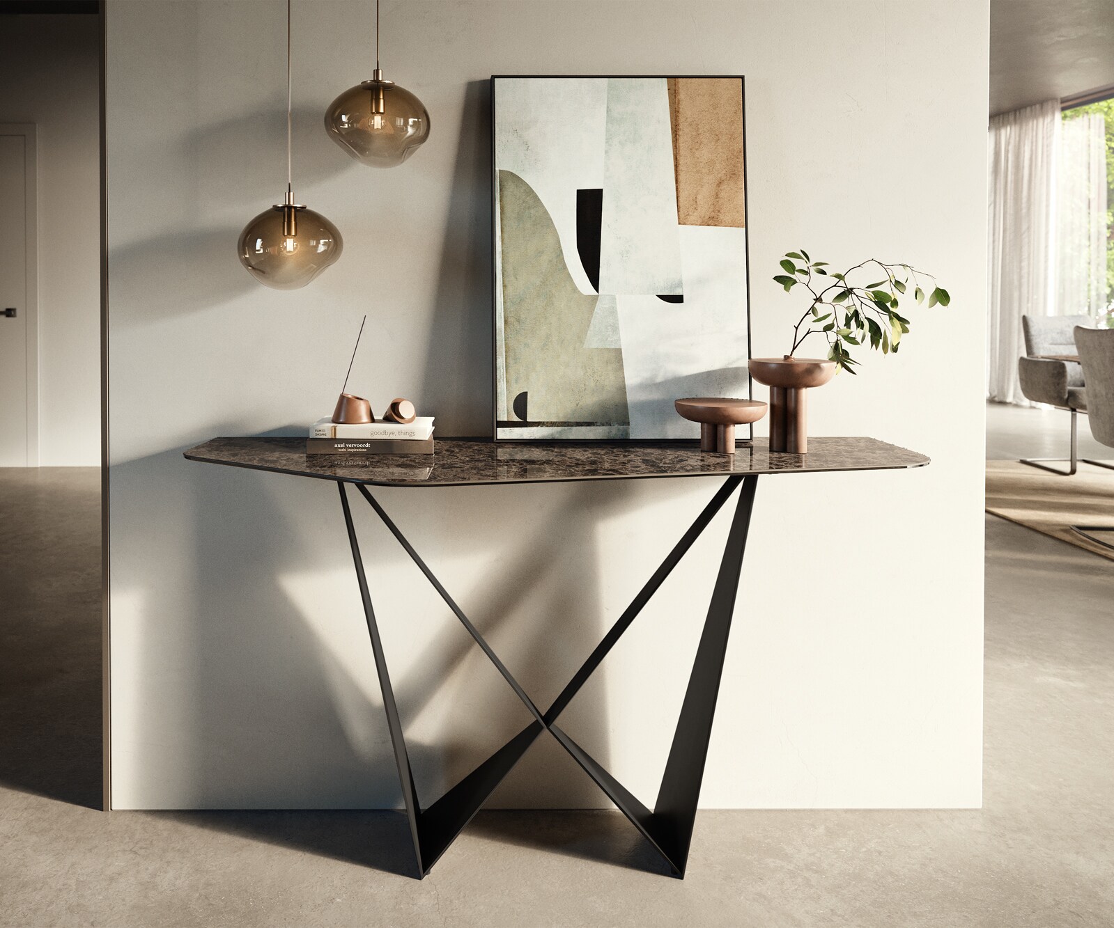 Consoletafel Edge Polygonaal 140x50 cm Keramiek Emperador Extra Lucidato Dunkelbraun Spios Metaal Zwart