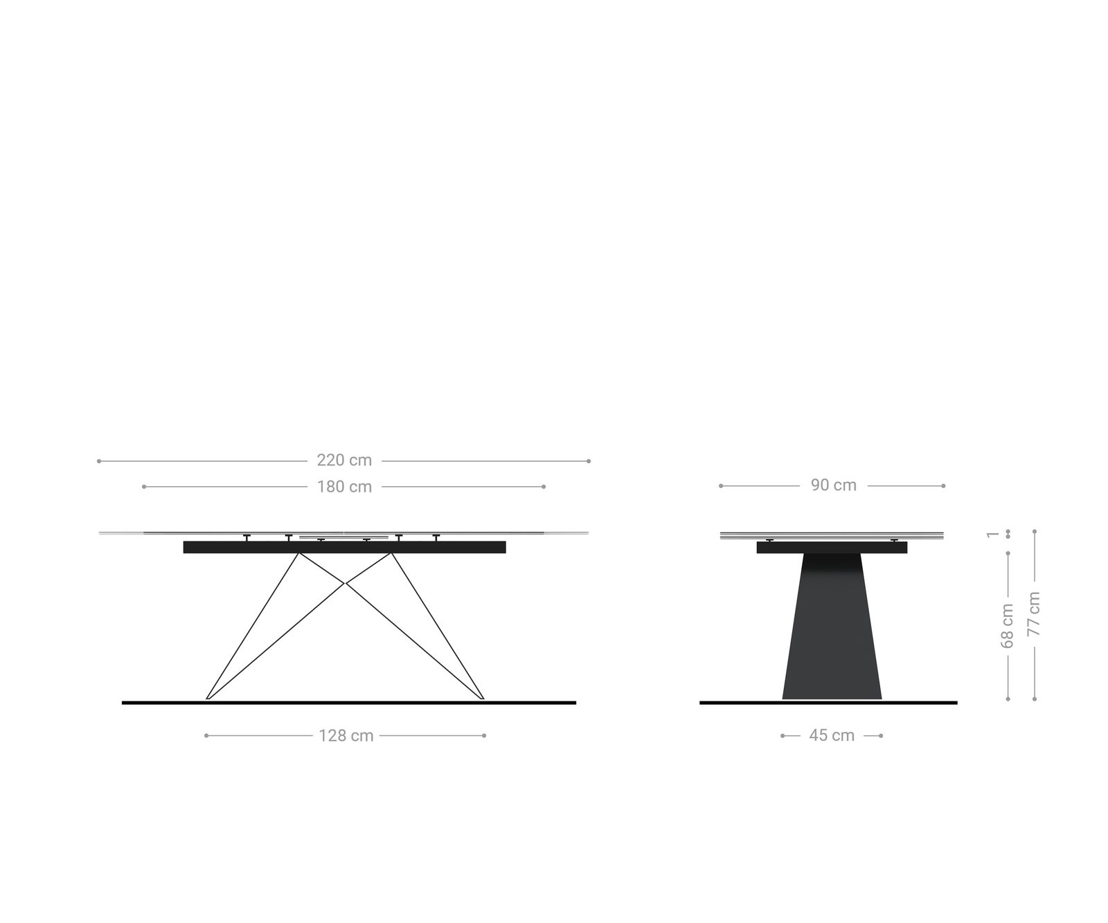Eettafel Edge 180-220x100cm Laminam® keramiek grijs V-middenpoot zwart 6