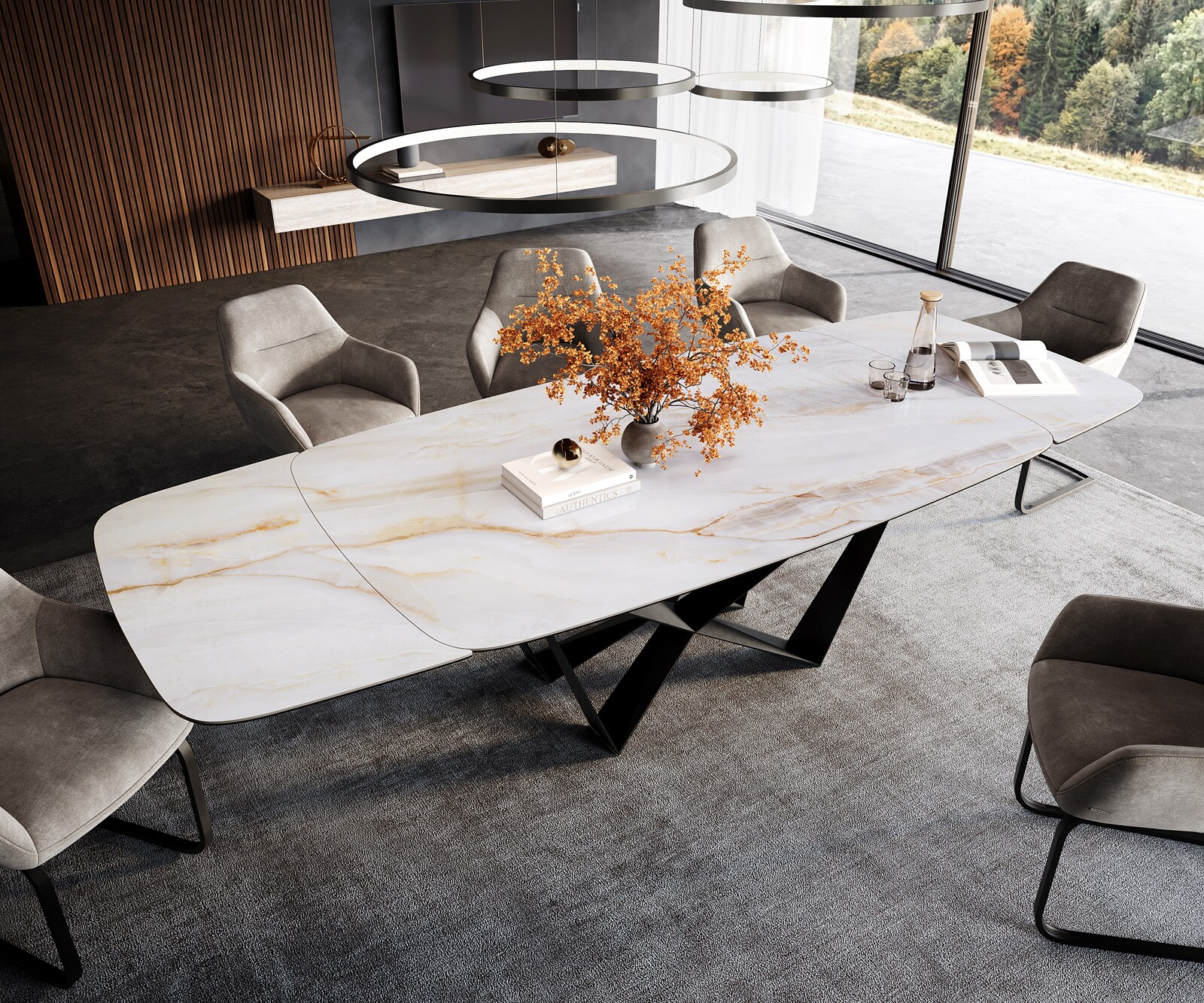 Eettafel Edge bootvorm 200-300x120 cm keramiek Onyx Pearl Spider platstaal zwart uitschuifbaar 4