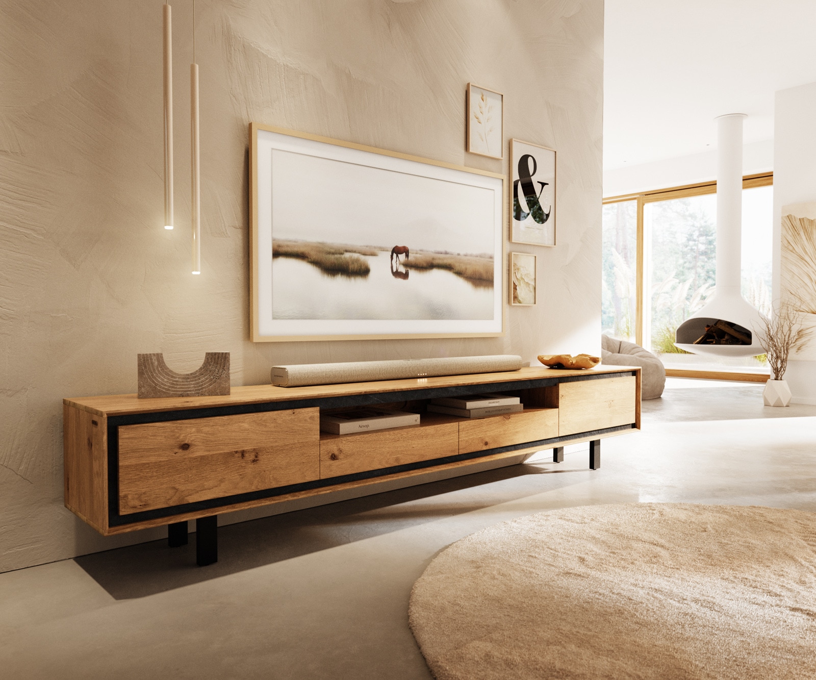 TV-meubel Stonegrace 240 cm eiken natuur 2 deuren 2 lades 1 vak Poot vierkant metaal zwart 1