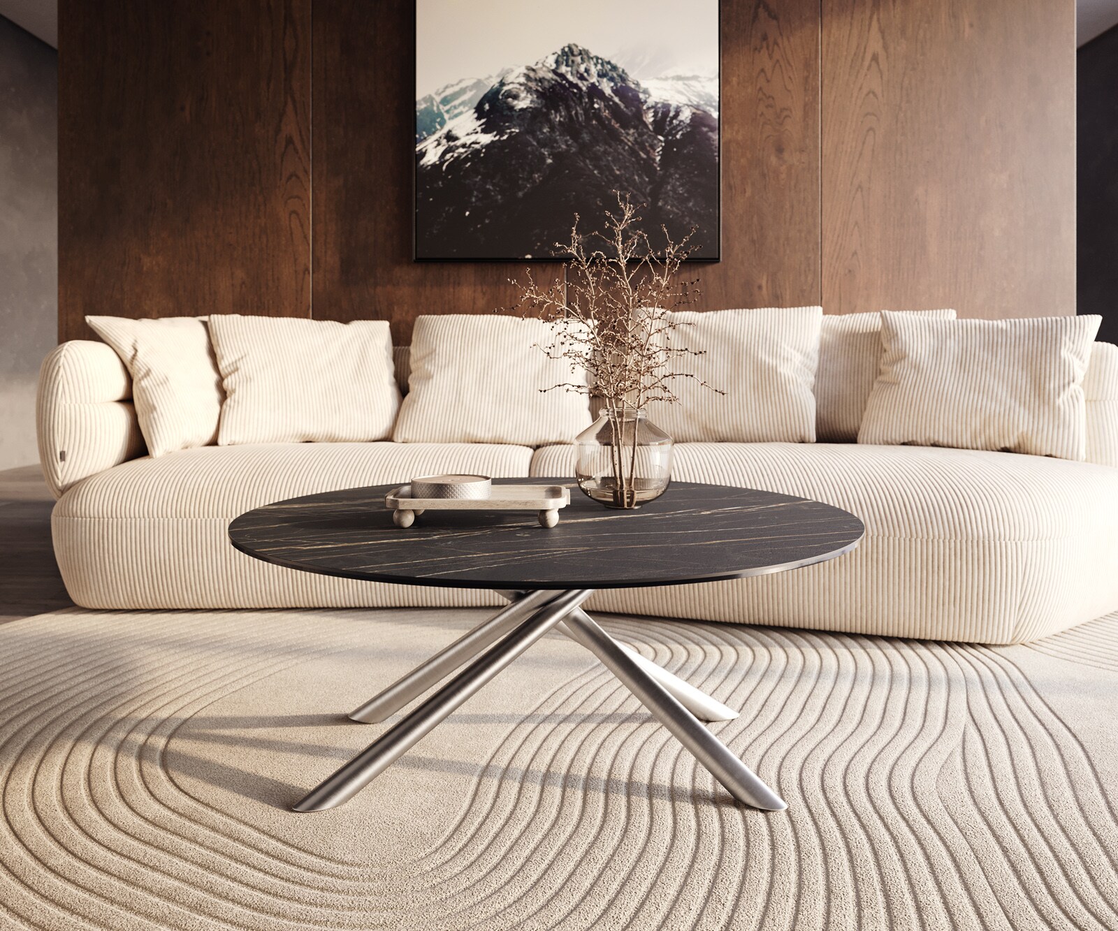 Salontafel Edge rond 100x100 cm keramiek Laminam® Noir Desir bruin Sarity geborsteld roestvrij staal 6