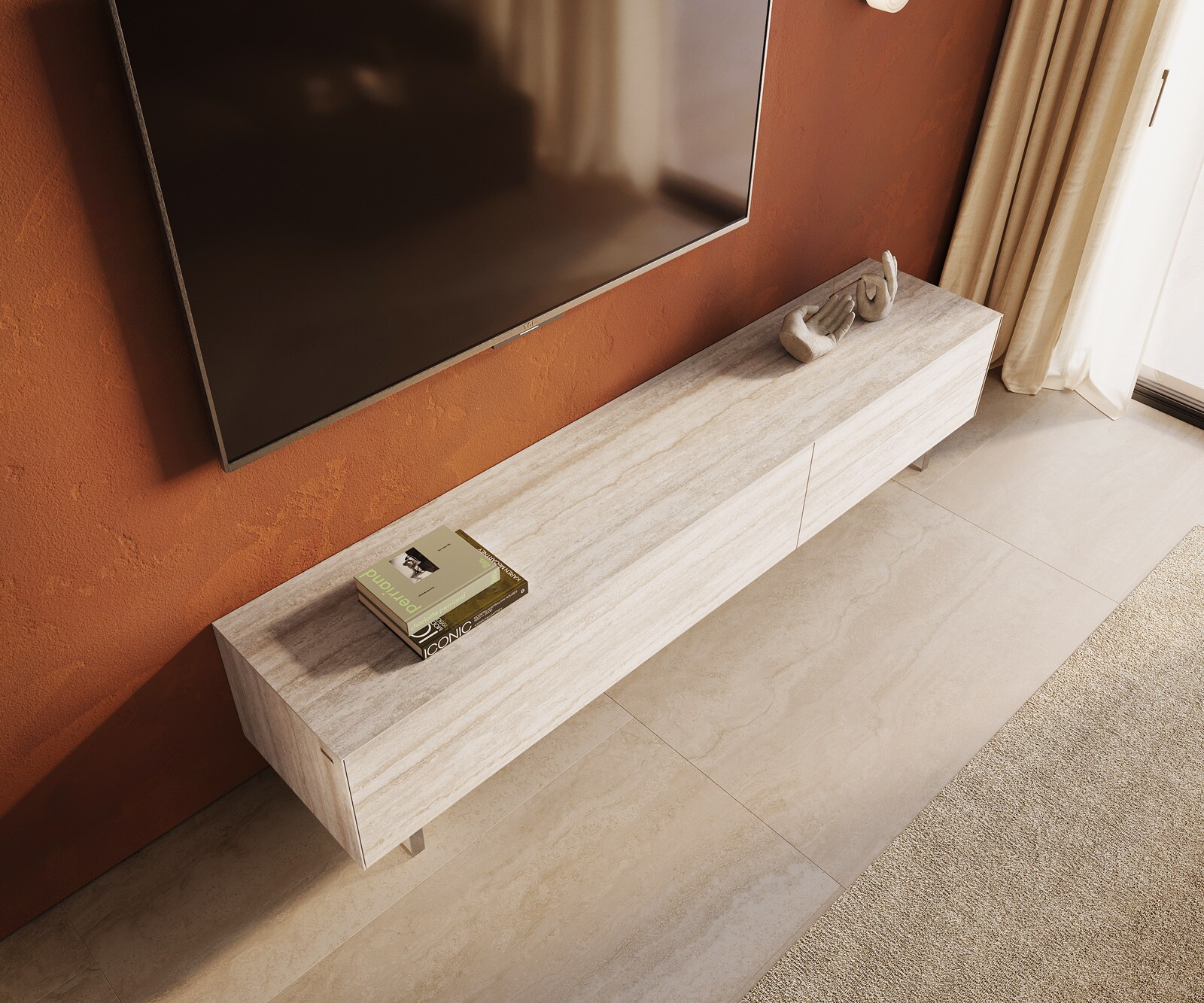 Tv-meubel Cuor 220 cm Keramiek Laminam® Travertino Bianco Crème-wit 1 Flap 2 Laden Zwevende voet look Acrylglas 4