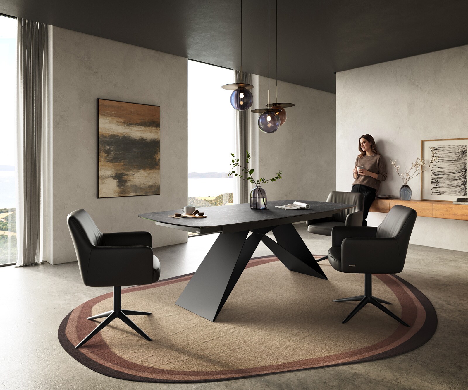 Eettafel Edge Boot 180-220x100 cm Keramiek Laminam® Nero Greco Anthrazit V-onderstel Flachstahl Zwart uitschuifbaar 6