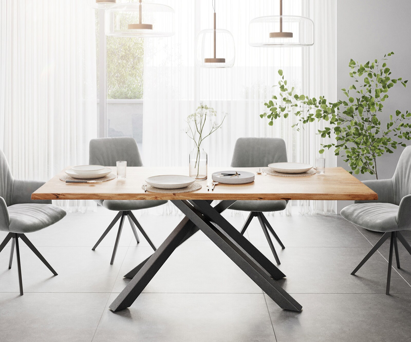 Eettafel Edge 200x100 acacia natuur kruisframe rechthoek zwart  Live-Edge 1