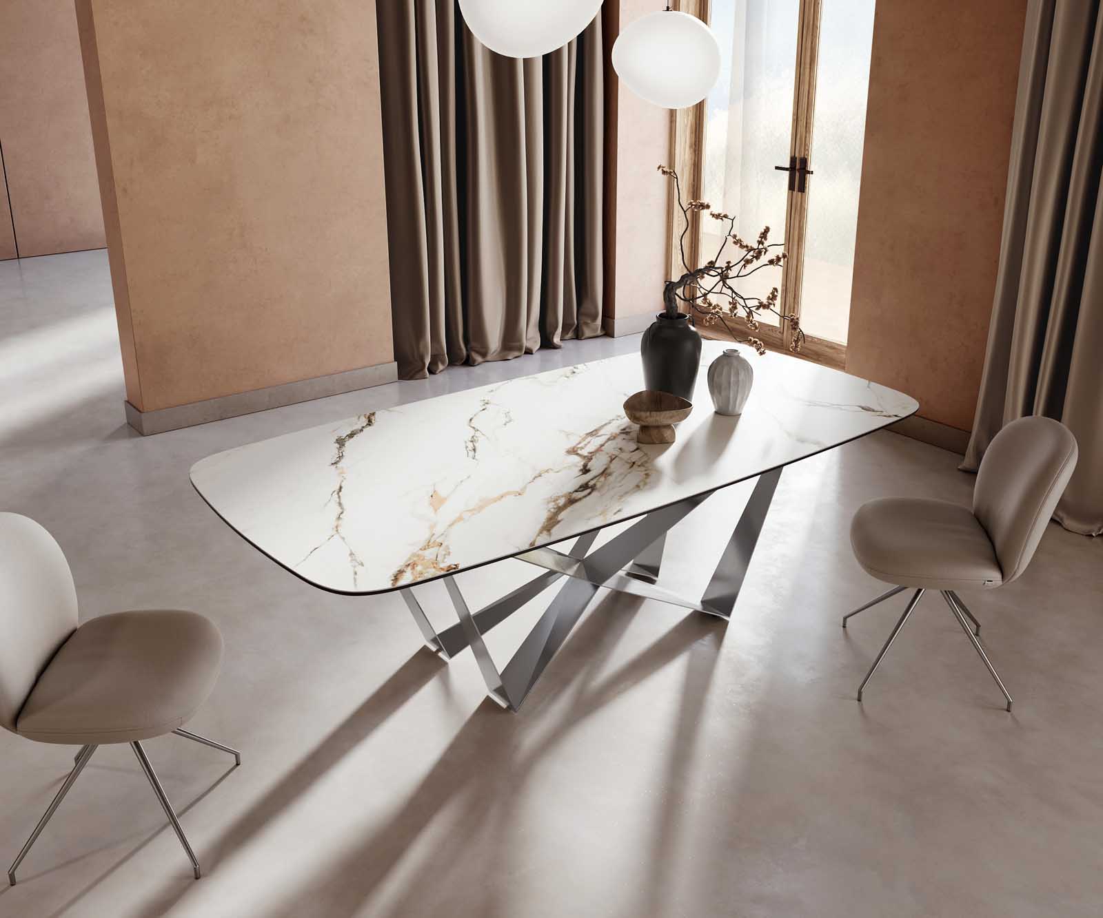 Eetkamertafel Edge Boot 240x120 keramiek Calacatta Luxe wit-goud-grijs spider vlak staal RVS 4
