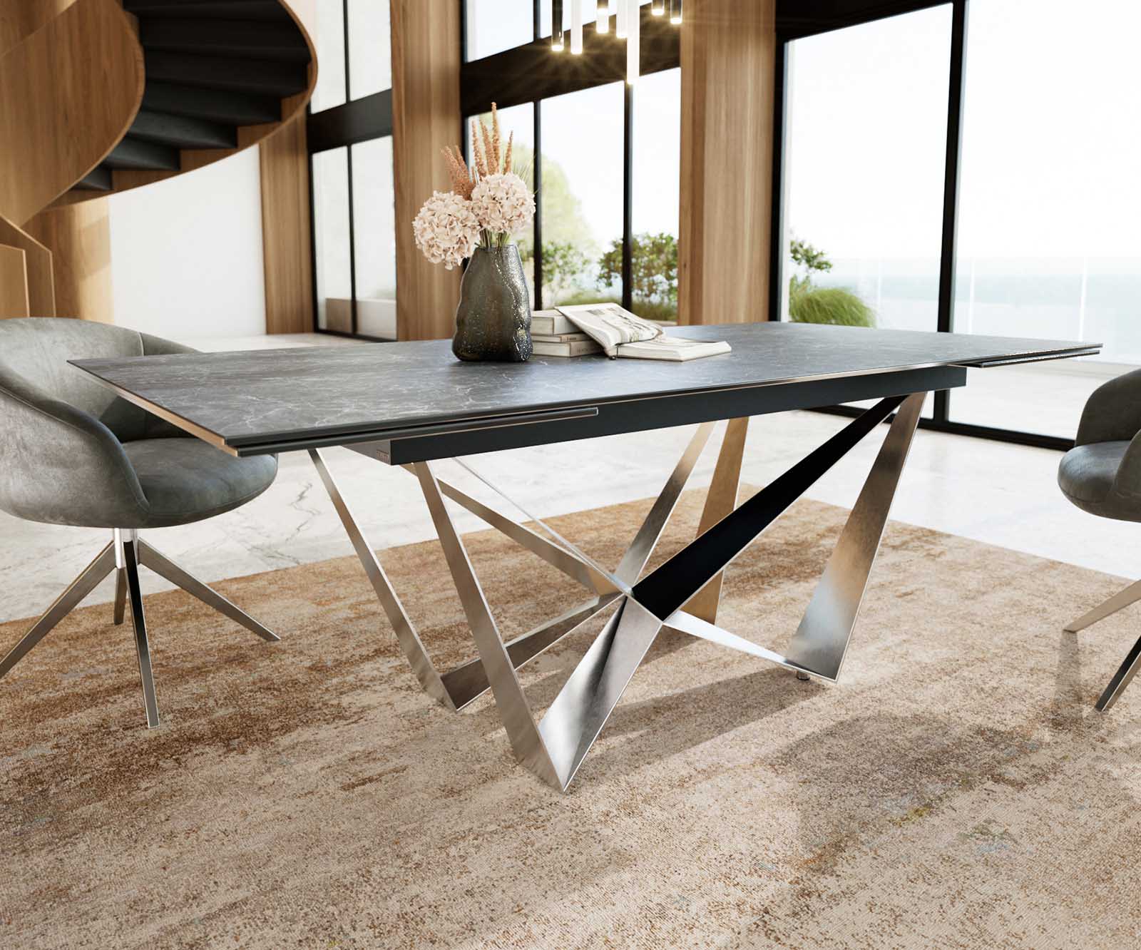 Eetkamertafel Edge 200-300x100 keramiek Laminam®Nero Greco grijs spider vlak staal RVS uitschuifbaar 4 Eetkamertafel Edge 200-300x100 keramiek Laminam®Nero Greco grijs spider vlak staal RVS uitschuifbaar 4