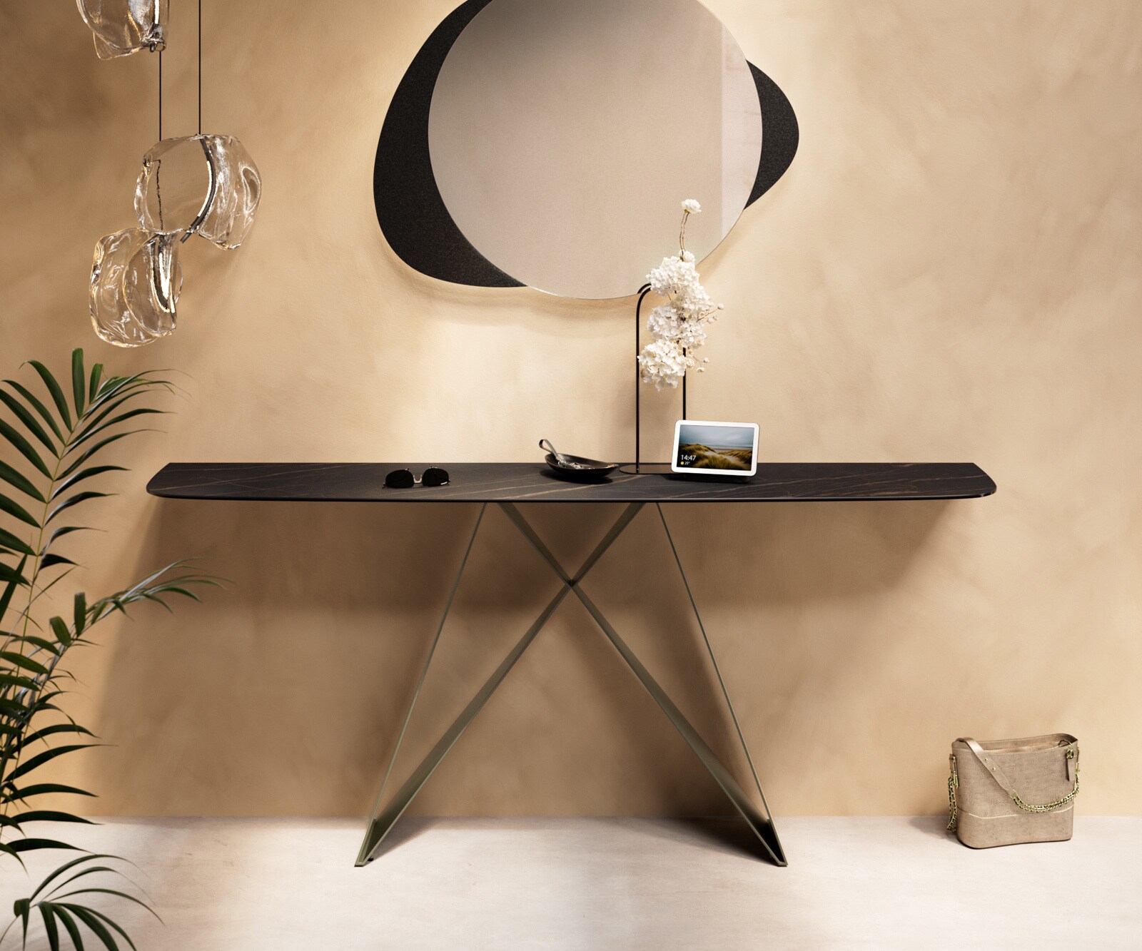 Consoletafel Edge Bootvorm 180x40 cm Keramiek Laminam® Noir Desir Braun Velio Metaal Effektfinish Titan 1