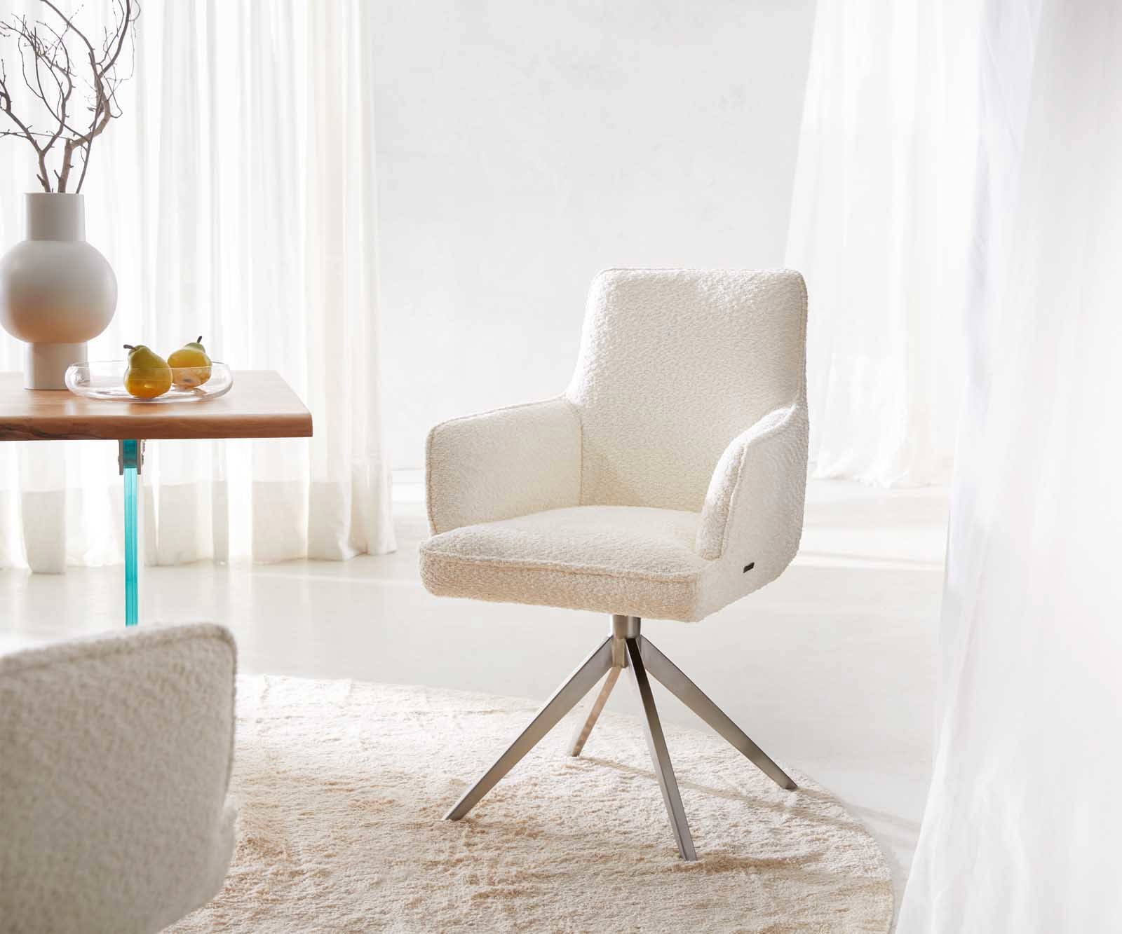 Draaistoel Heira-Flex met armleuning bouclé wit kruisframe breed roestvrij staal 360° draaibaar pocketveer kern Draaistoel Heira-Flex met armleuning bouclé wit kruisframe breed roestvrij staal 360° draaibaar pocketveer kern