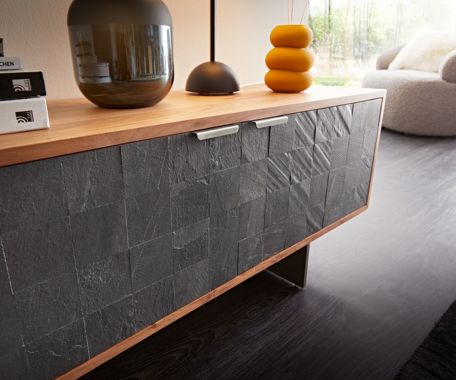 Tv-meubel Teele 200 cm acacia natuur leisteen 4 deuren poot zwevend roestvrij staal 4