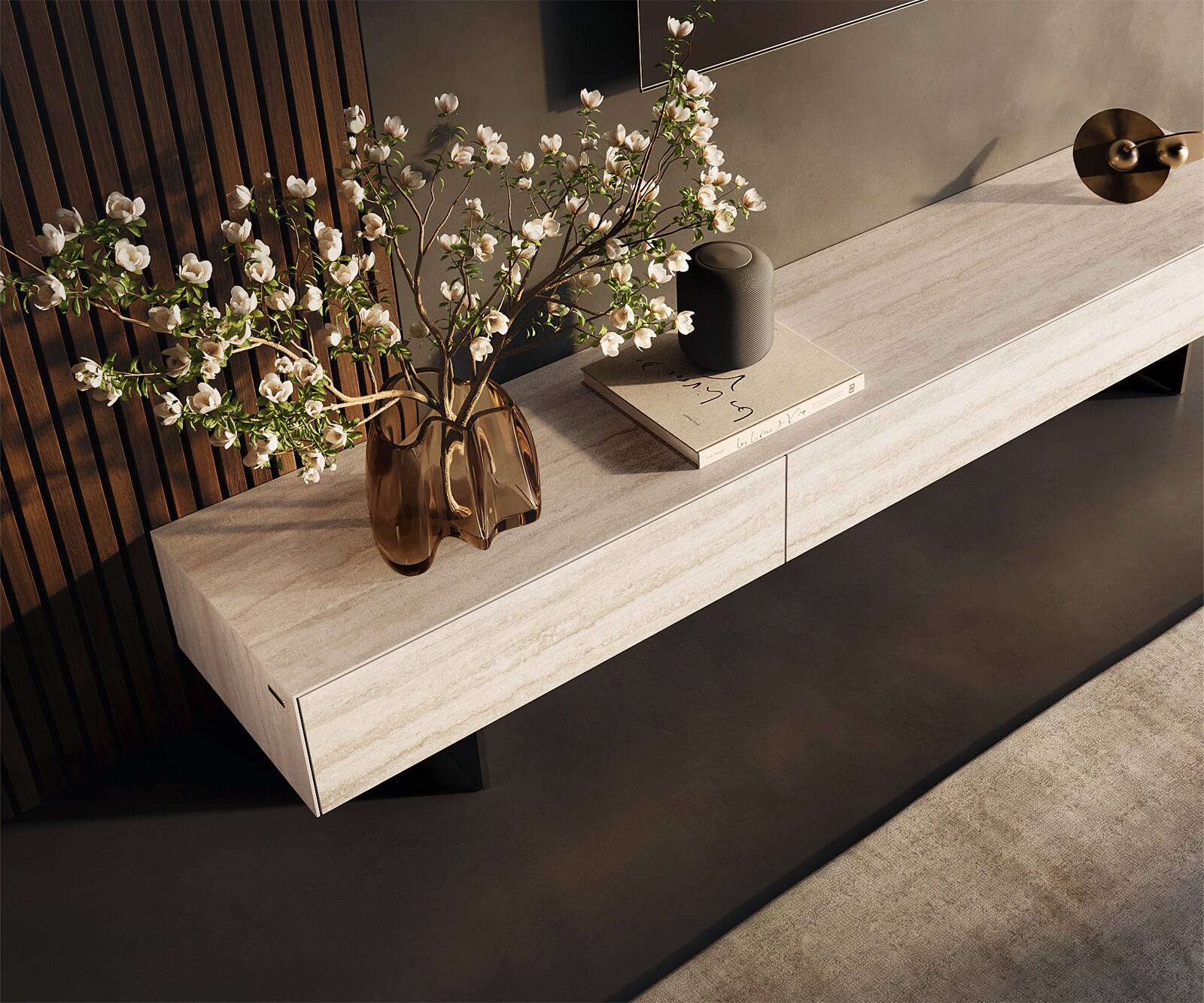 Tv-meubel Cuor 200 cm Keramiek Laminam® Travertino Bianco Crème-wit 1 Flap 1 Lade Zwevende voet look Metaal Zwart 3
