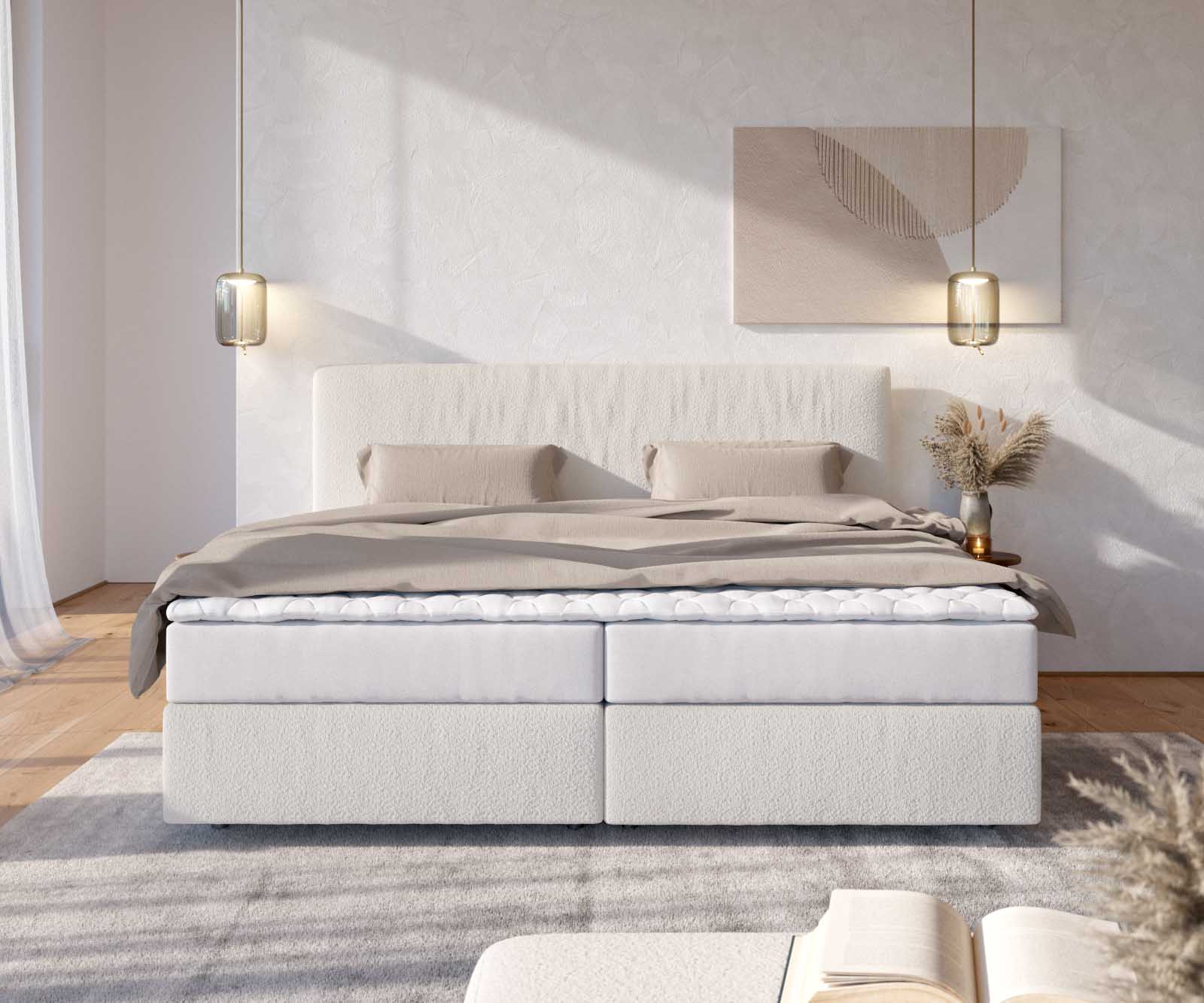 Boxspringbed Dream-Well Bouclé crèmewit 200x200 cm met pocketveringmatras en Visco topper 1