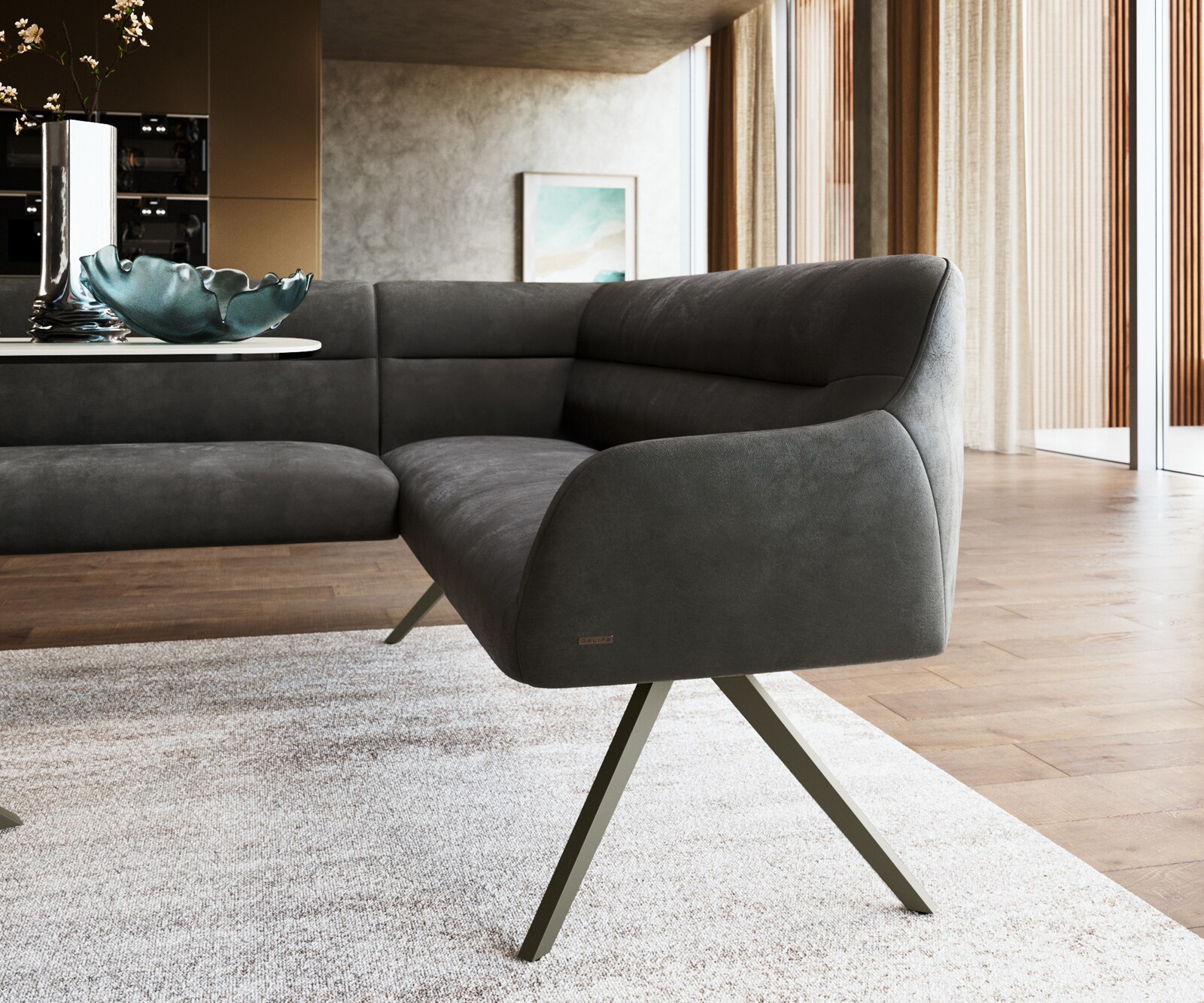 Eetkamerbank Taya-Flex 285x190 cm microvelours anthraciet vintage hoekig kruisframe afwerking met titaniumeffect pocketvering links 5