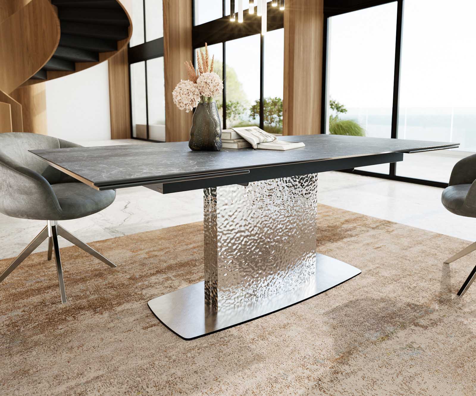 Eetkamertafel Edge 200-300x100 keramiek Laminam®Nero Greco grijs Wave RVS uitschuifbaar 4