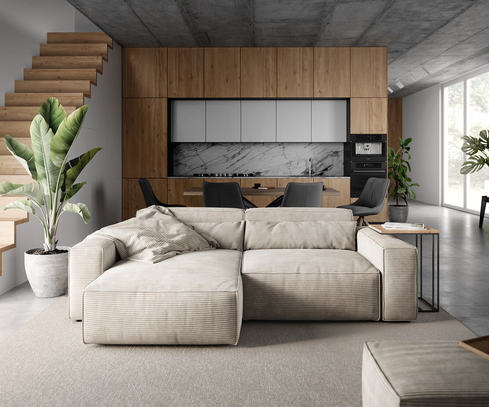 Hoekbank Sirpio 230x150 cm koord beige recamiere variabel met kruk 1