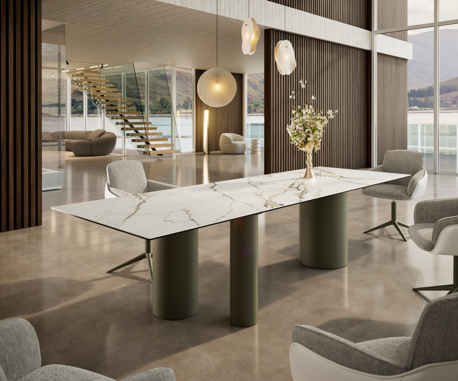 Eetkamertafel Edge 300x100 keramiek Calacatta Luxe wit-Gold-grijs Troa metaal effectafwerking titaan 1
