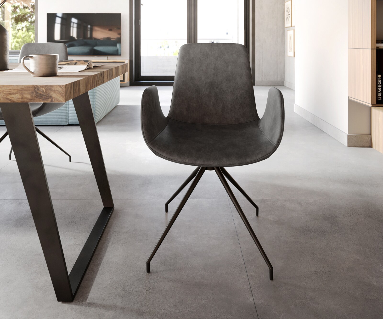Eetkamerstoel Ilia-Flex met armleuning microvelours antraciet vintage kruisframe conisch zwart 1