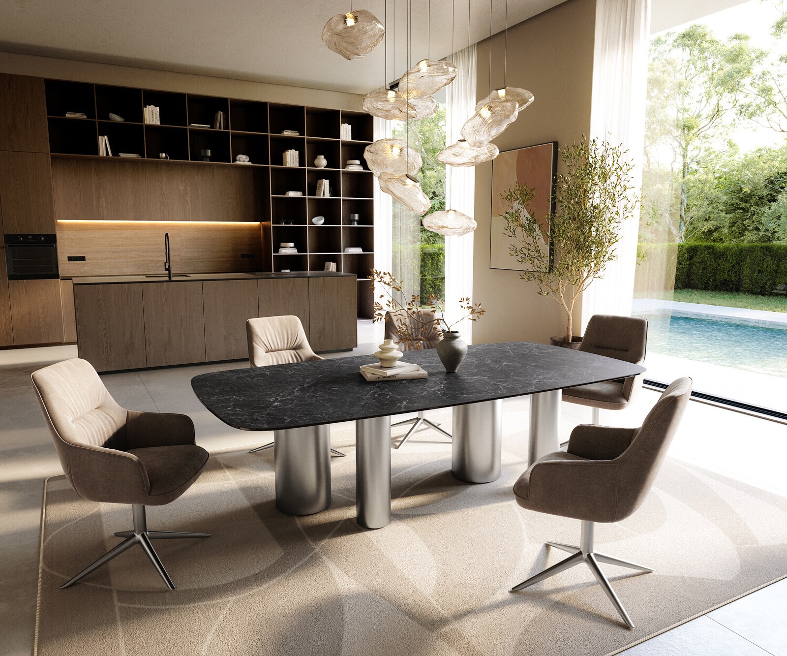 Eettafel Edge Boot 240x120 cm Keramiek Laminam® Nero Greco Anthrazit Pilier Roestvrij staal gebürstet 5