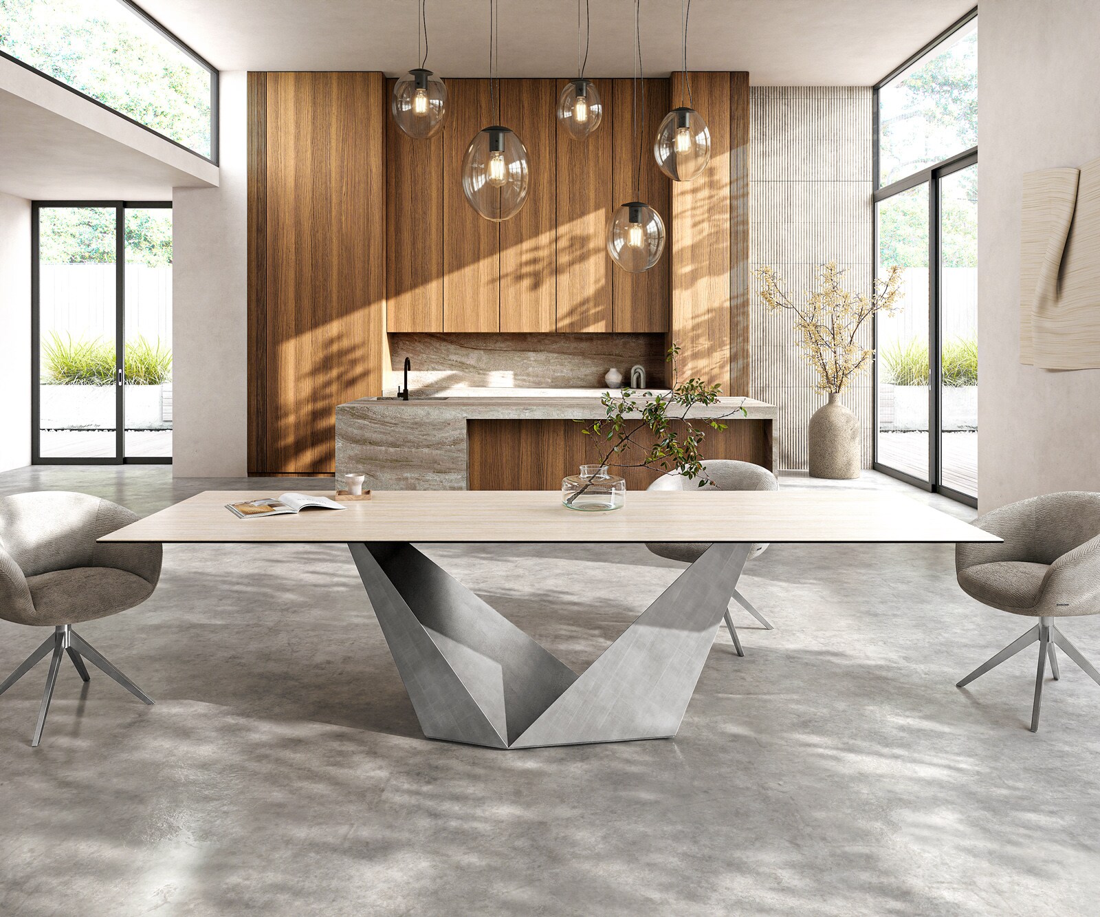 Eettafel Edge 300x100 keramiek  Laminam® Travertino Bianco Creme-wit Prisma metaal zilver 2
