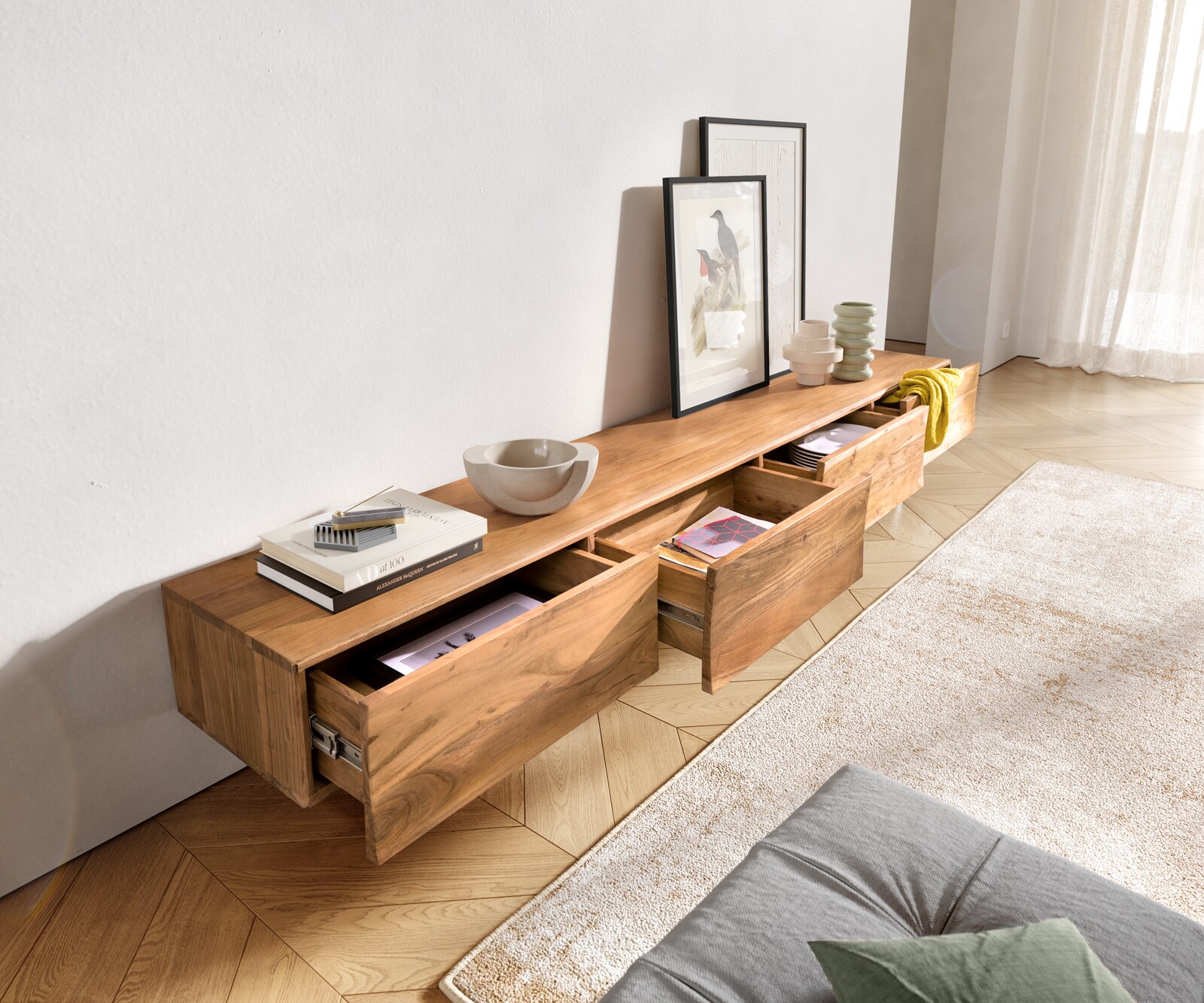 Tv-meubel Wyatt 220 cm acacia natuur 4 laden V-poot roestvrij staal 1