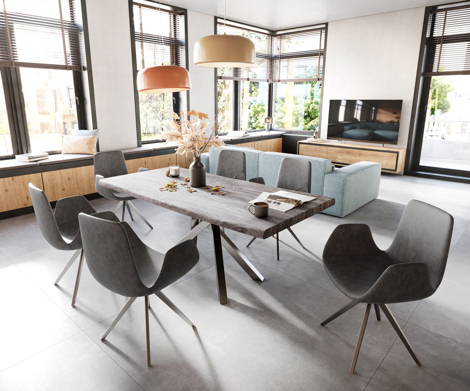 Eetkamerstoel Ilia-Flex met armleuning microvelours antraciet vintage kruisframe hoekig roestvrij staal 3