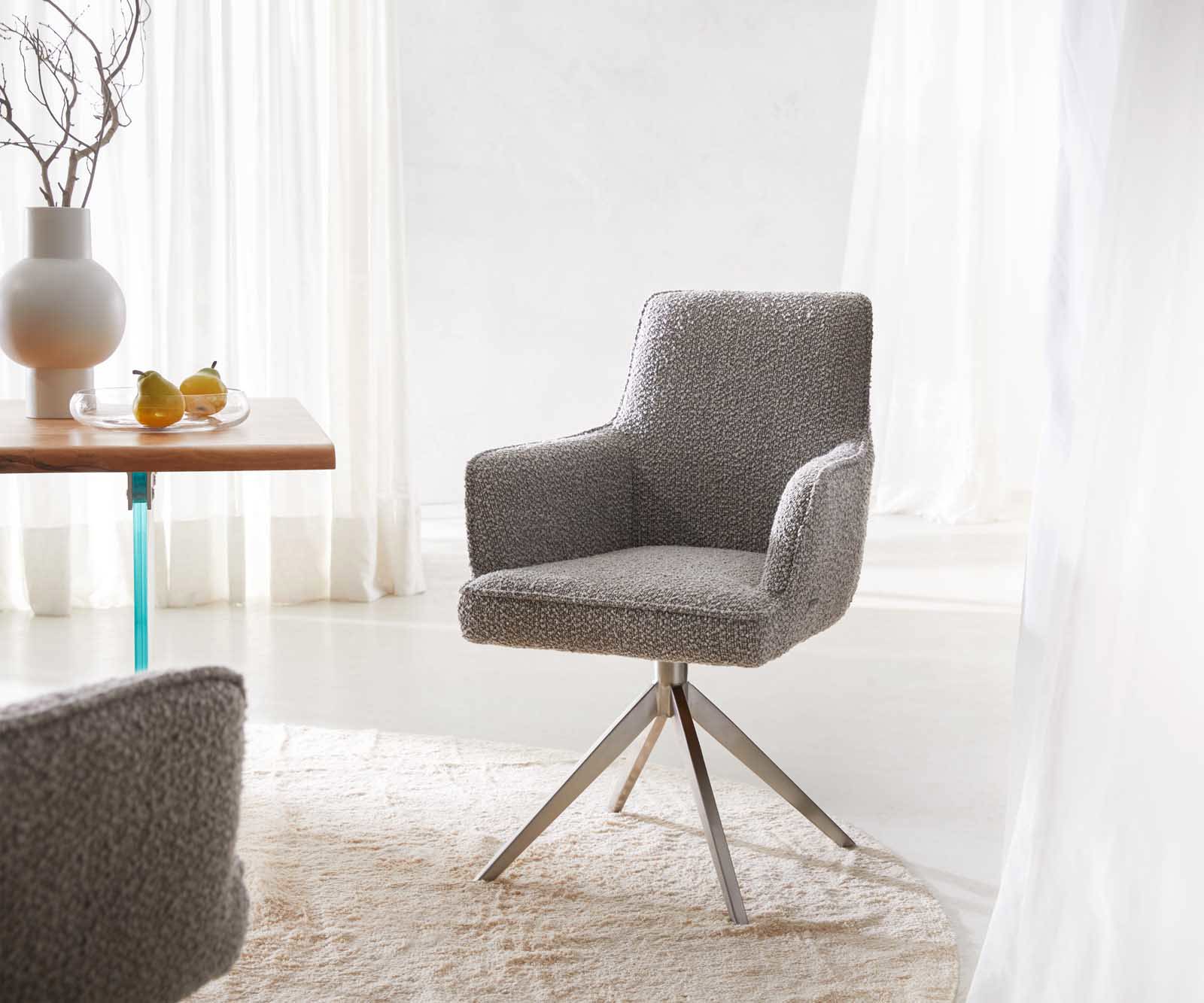 Draaistoel Heira-Flex met armleuning bouclé zilver grijs kruisframe breed roestvrij staal 360° draaibaar pocketveer kern Draaistoel Heira-Flex met armleuning bouclé zilver grijs kruisframe breed roestvrij staal 360° draaibaar pocketveer kern