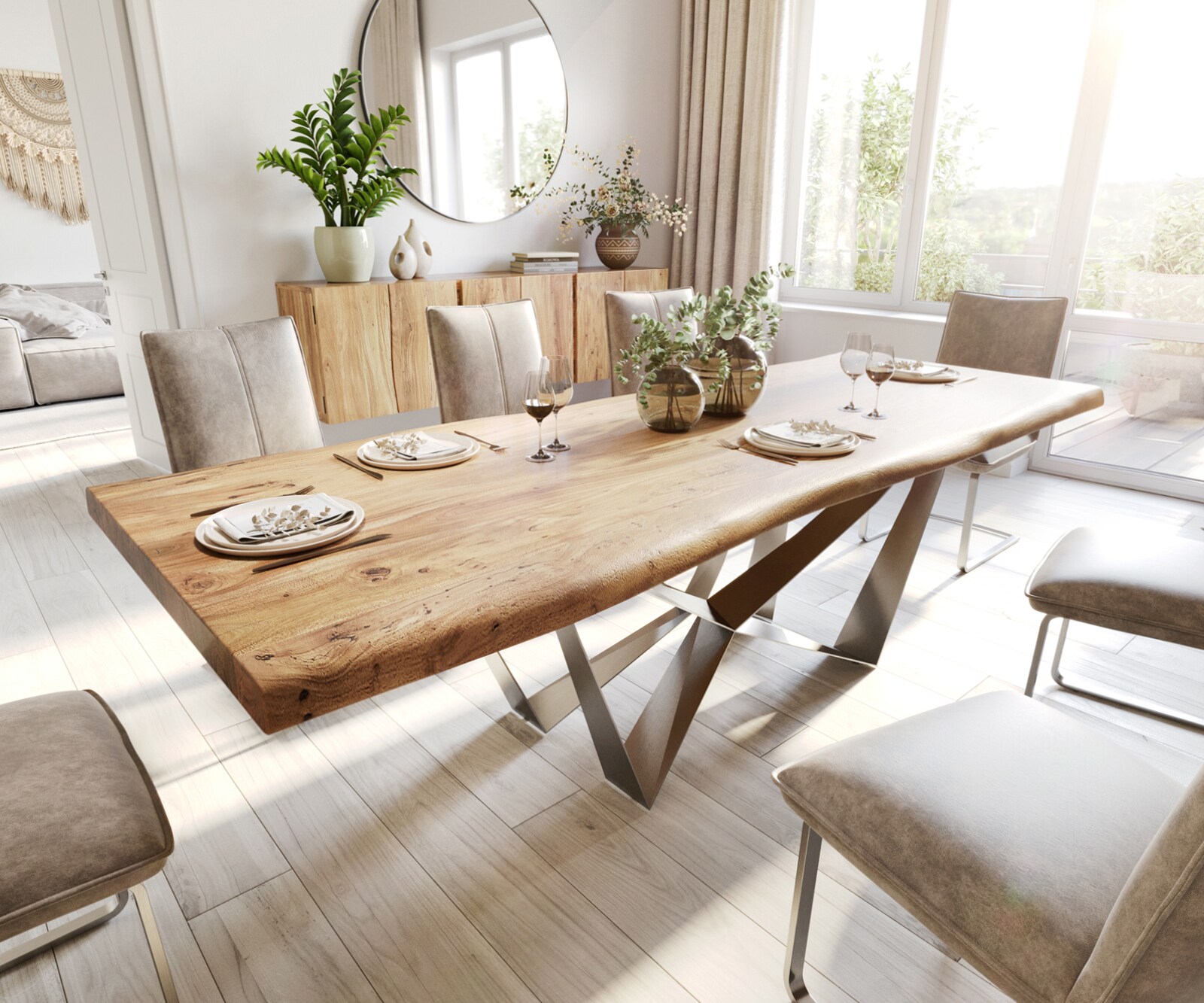 Eettafel Edge 260x100 XL acacia natuur Spider staal  roestvrij staal  Live-Edge