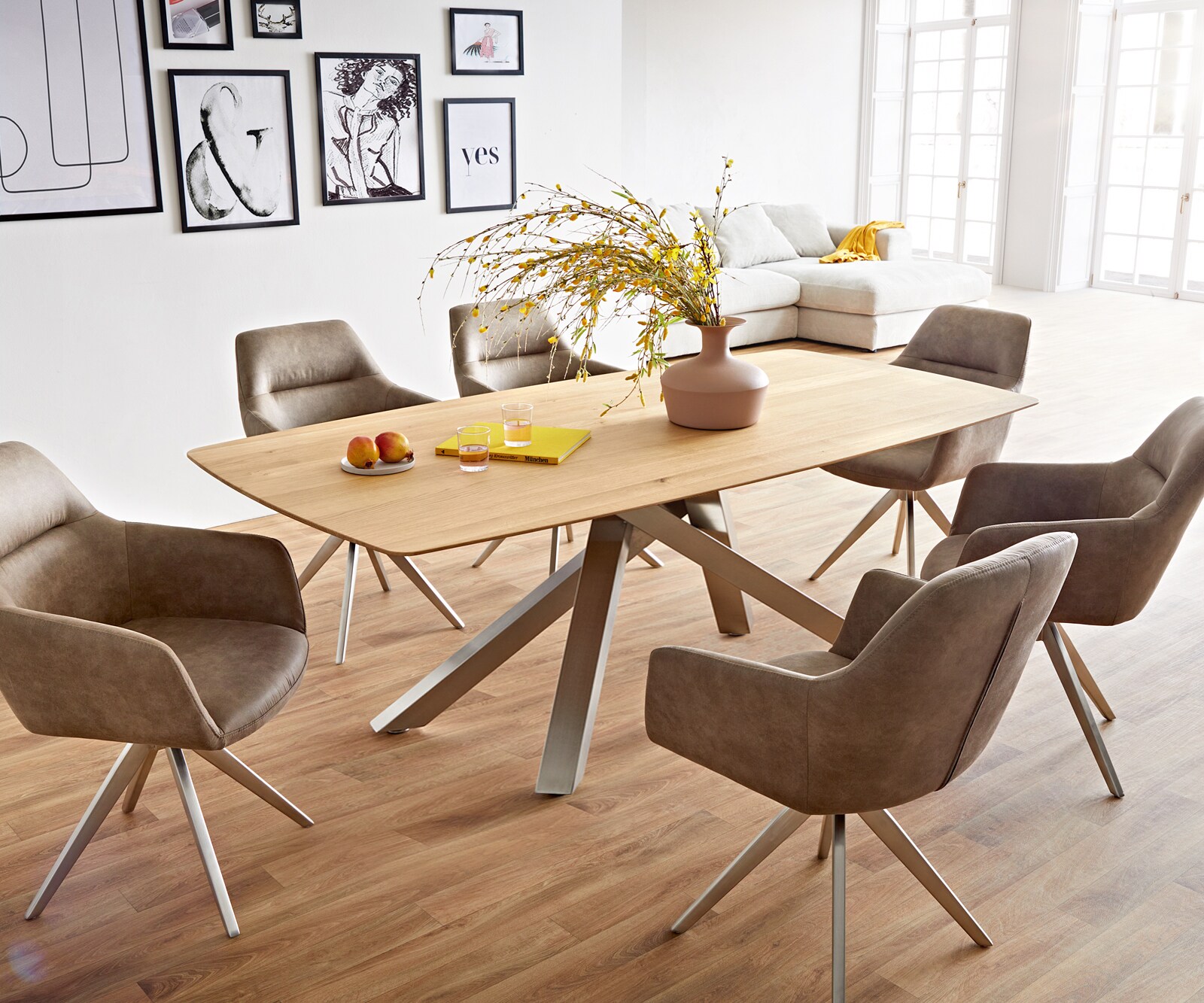 Eettafel Edge Boot 200x100x2,5-3 eiken natuur kruisframe rechthoek roestvrij staal  Schweizer Kante 7