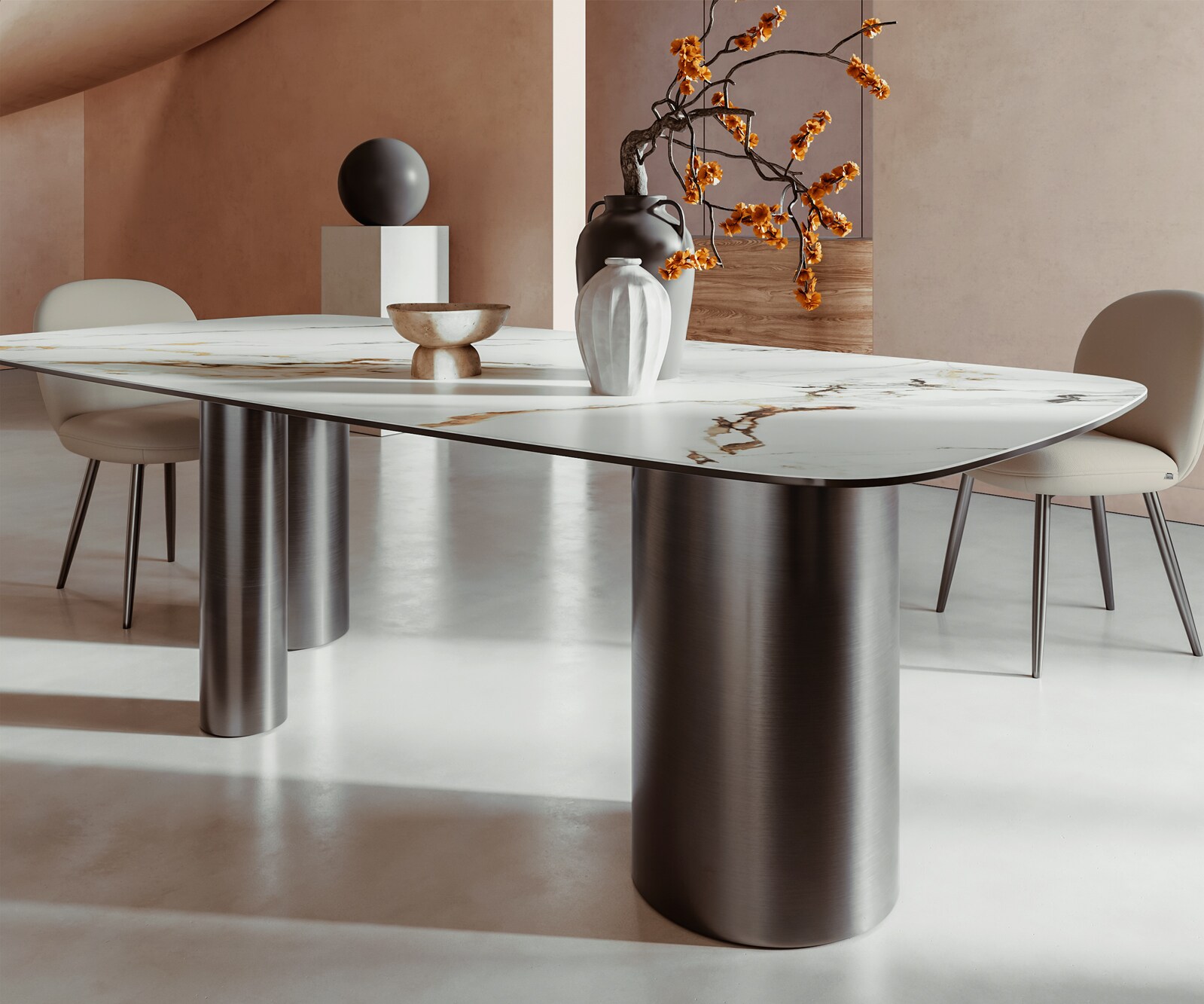 Eetkamertafel Edge Boot 240x120 keramiek Calacatta Luxe wit-Gold-grijs Troa roestvrij staal grafiet 6