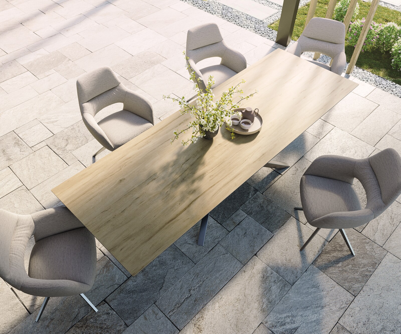 Outdoortafel Edge 300x100 cm keramiek Laminam® Sabbia eikenkleurig kruispoot rechthoekig roestvrij staal 3