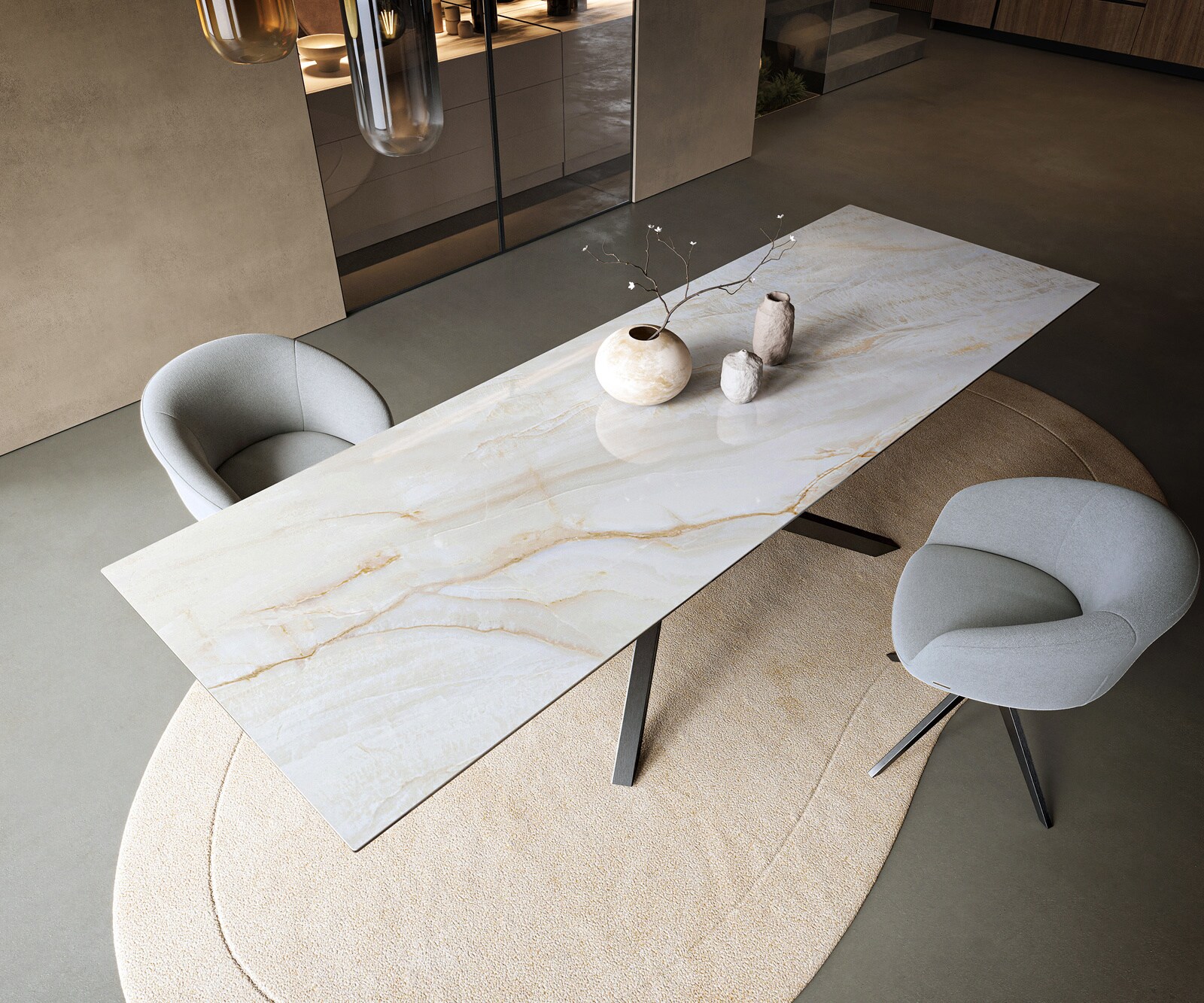 Eettafel Edge 300x100 cm keramiek Onyx Pearl kruisframe rechthoekig roestvrij staal grafiet 4