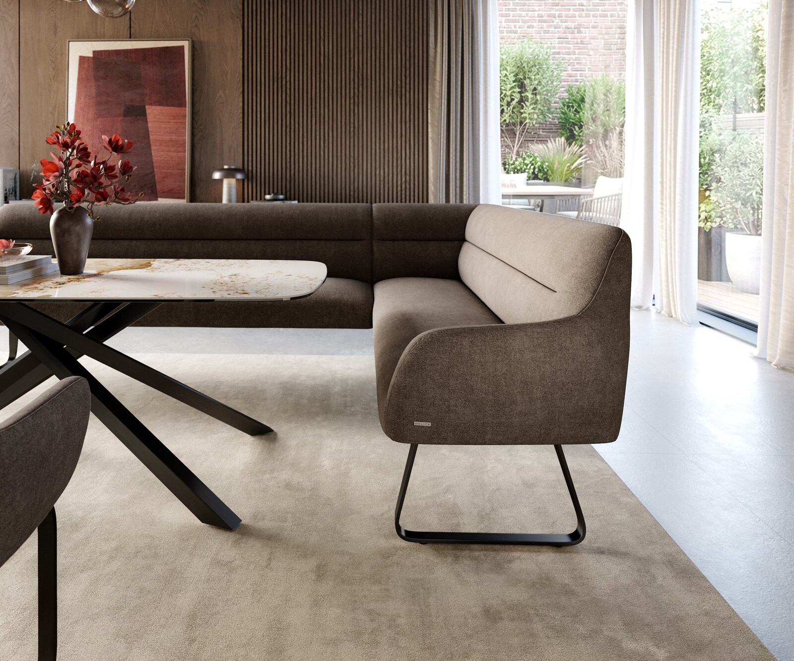 Eetkamerbank Taya-Flex 285x190 cm zachte stof met structuur taupe platte sledebasis zwart pocketvering links 5