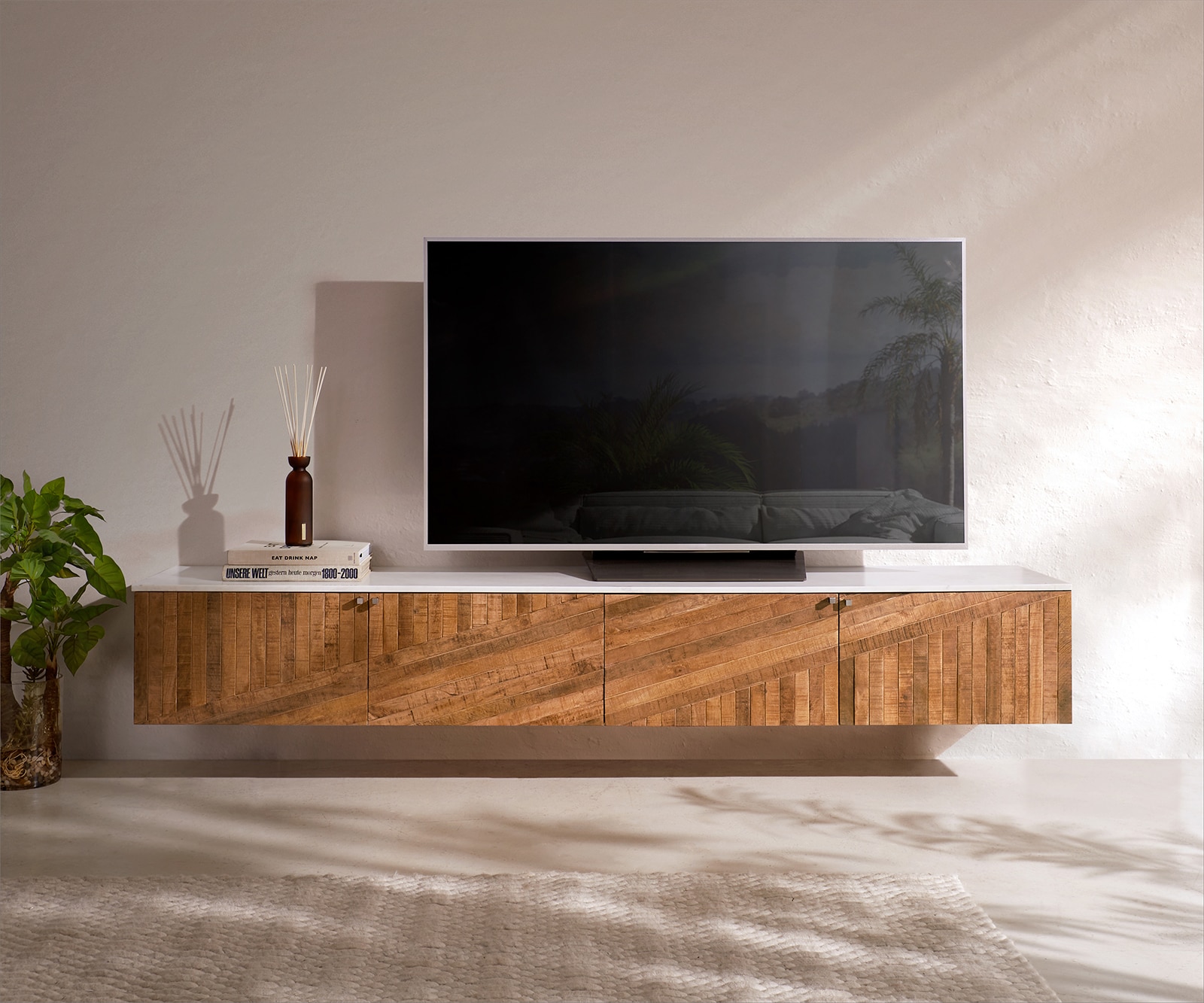 Tv-meubel Bahan 200 cm mango teak 4 deuren marmer top wit zwevend 2