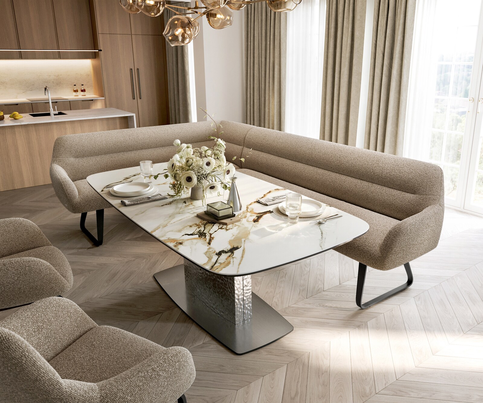 Eetkamerbank Taya-Flex 285x190 cm bouclé mud platte sledebasis zwart pocketvering rechts 1