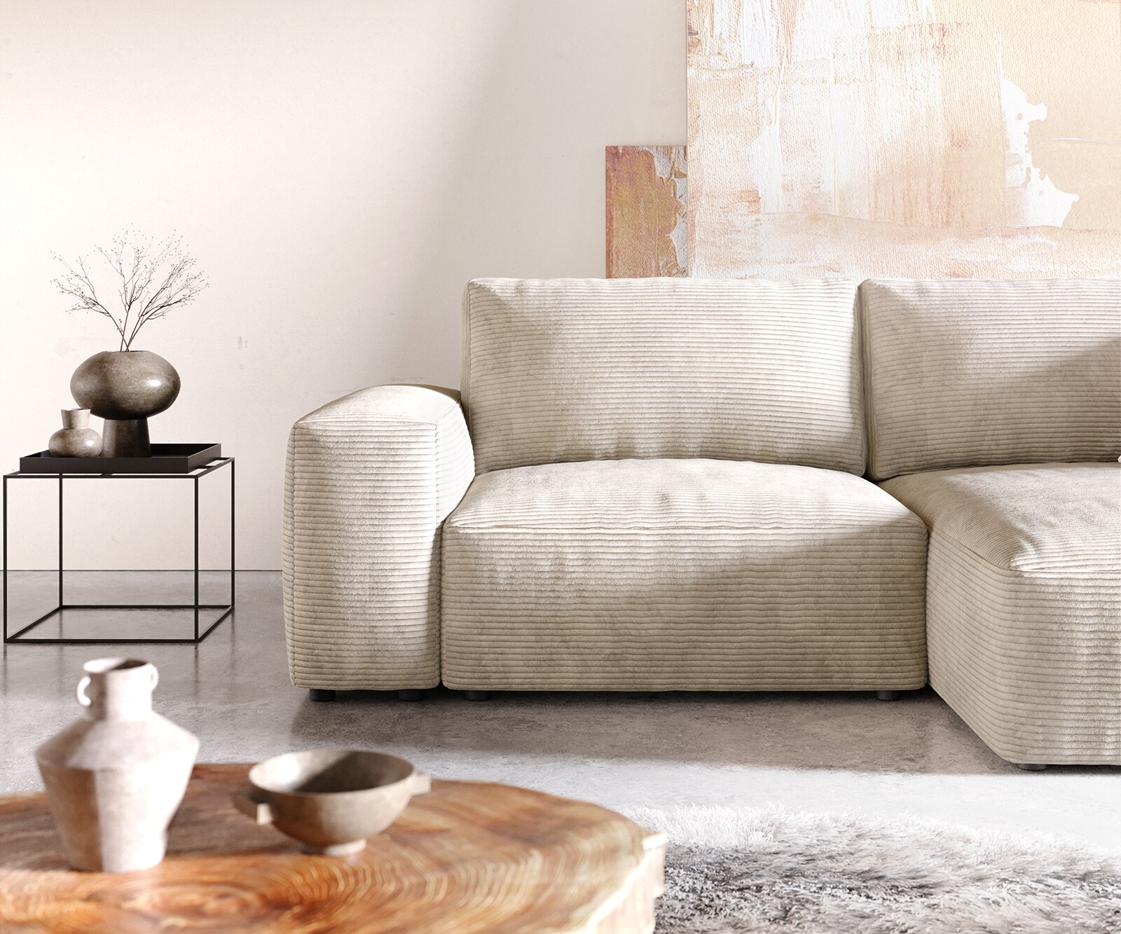 Hoeksofa Lanzo 230x155 cm ribcord beige met variabele recamière 4