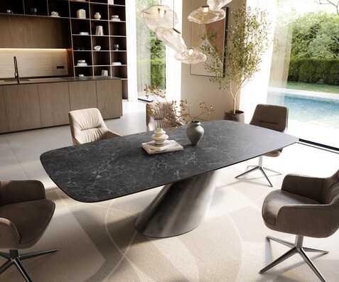 Eettafel Edge Boot 240x120 cm Keramiek Laminam® Nero Greco Anthrazit Cono Metaalic Zilver