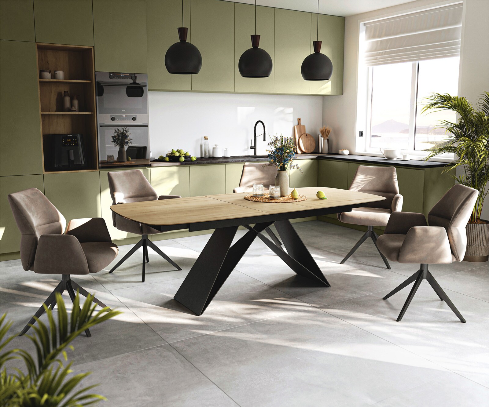 Eettafel Edge Boot 180-220x100 cm Keramiek Laminam® Sabbia Eichefarbig V-onderstel Flachstahl Zwart uitschuifbaar 6