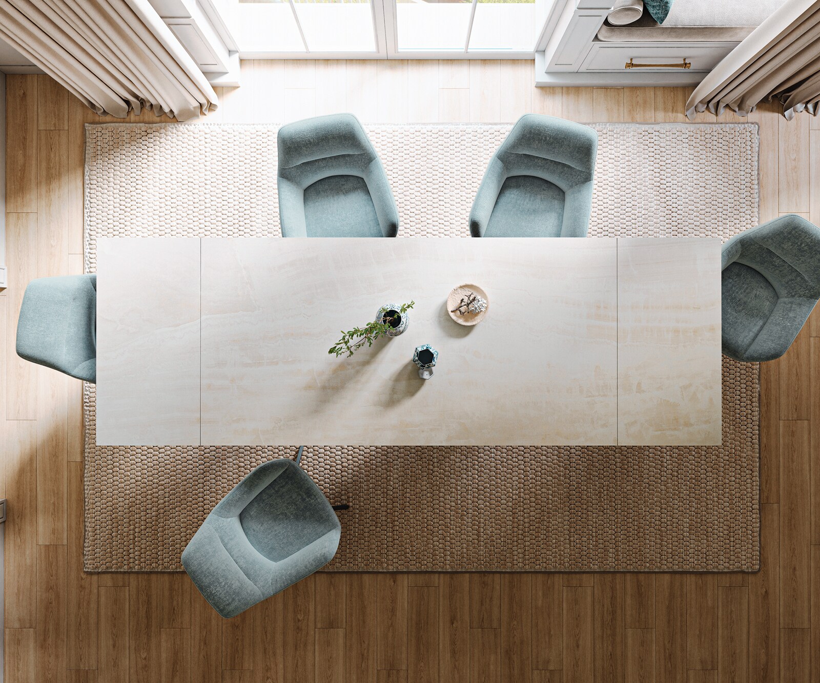 Eettafel Edge 200-300x100 cm keramiek Onyx Champagne W-onderstel metaal zwart uittrekbaar 6